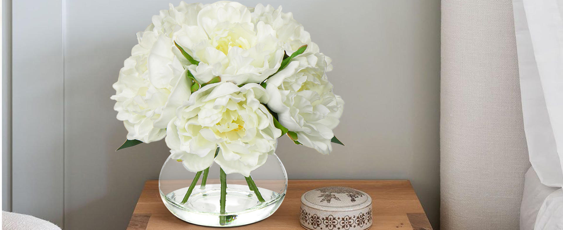 Pink Peonies Artificial Flowers in Glass Vase with Faux Water for Home Decor detail 5