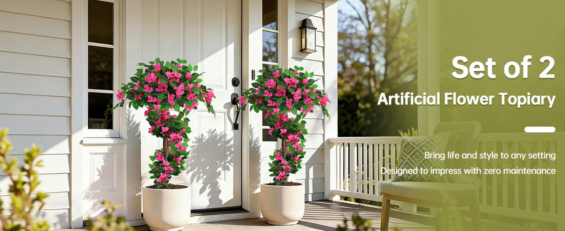 2-Pack 4FT Artificial Bougainvillea Topiary Trees with Ground Spikes, UV Resistant Faux Silk Plants detail 1