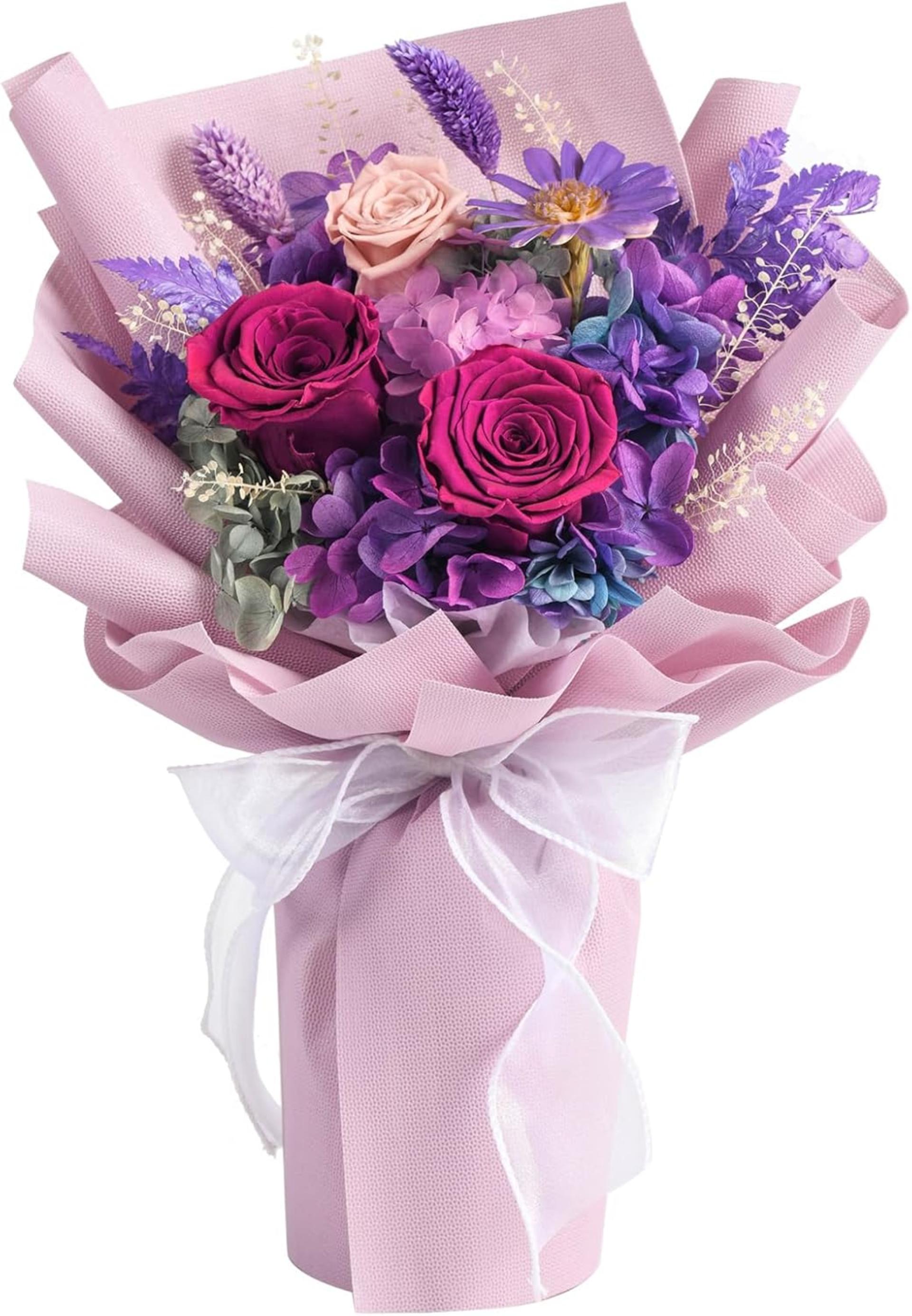 Preserved Purple Rose Bouquet, Real Flowers That Last 1-3 Years, Gift for Women