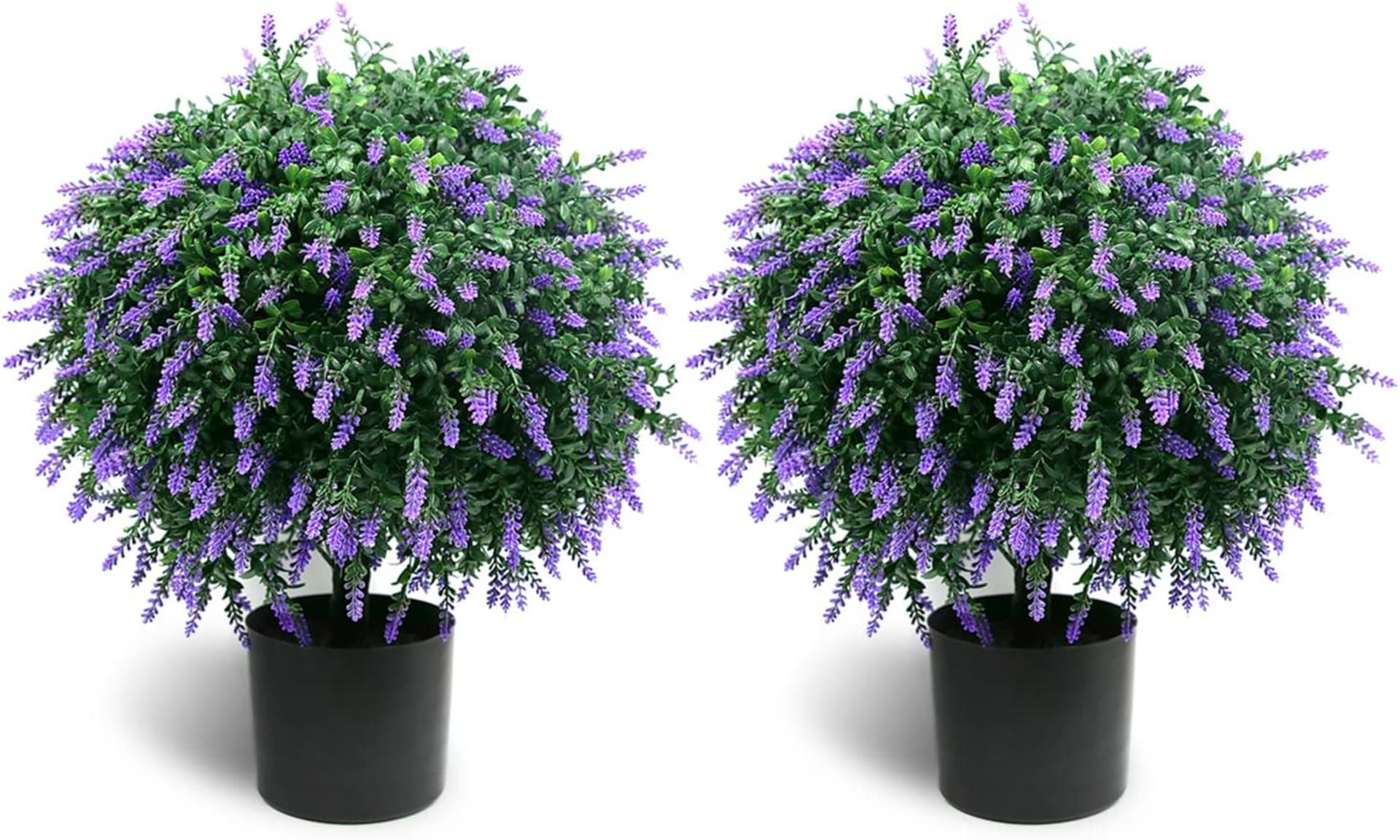 21.6" Artificial Lavender Topiary Ball Tree Set of 2, UV Resistant Potted Bushes - 1