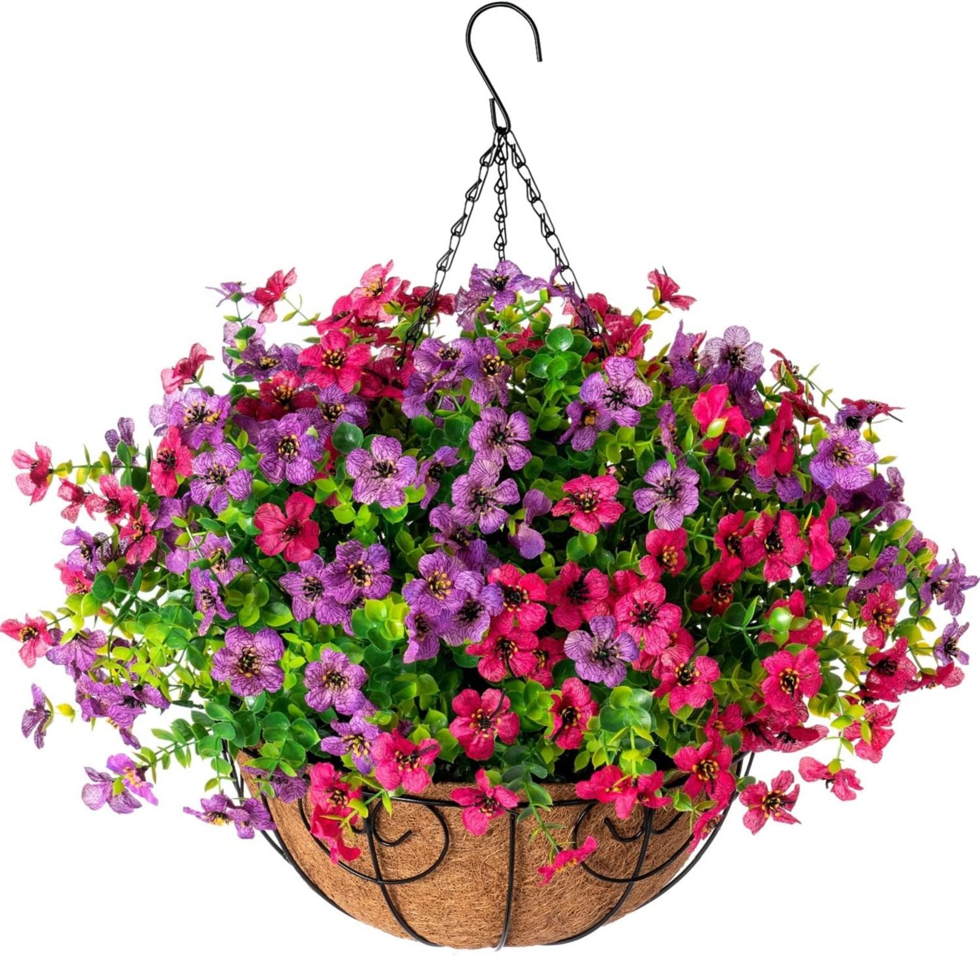 Artificial Hanging Flowers in Basket, UV Resistant Silk Daisy & Eucalyptus for Outdoor Patio