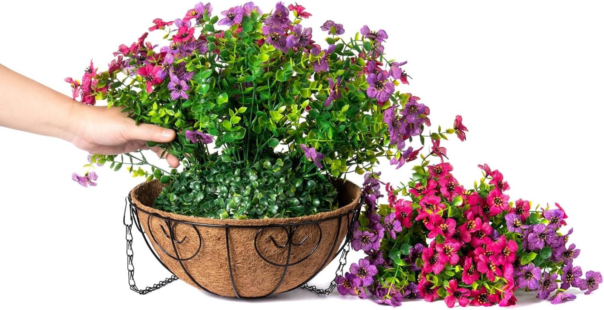 Artificial Hanging Flowers in Basket, UV Resistant Silk Daisy & Eucalyptus for Outdoor Patio - 3