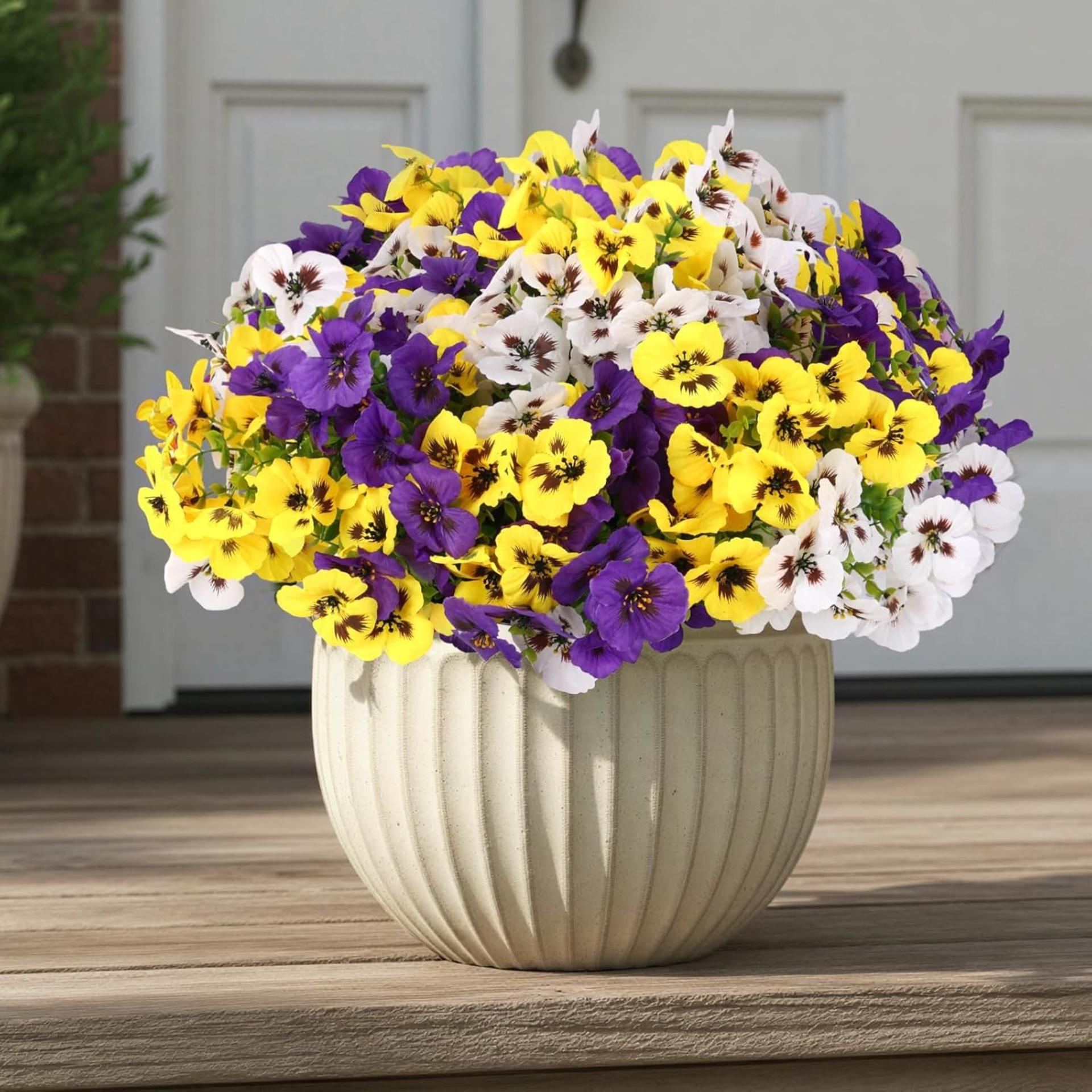 12 Bundles Artificial Flowers for Outdoor Indoor, UV Resistant Fake Pansy with Eucalyptus Leaves