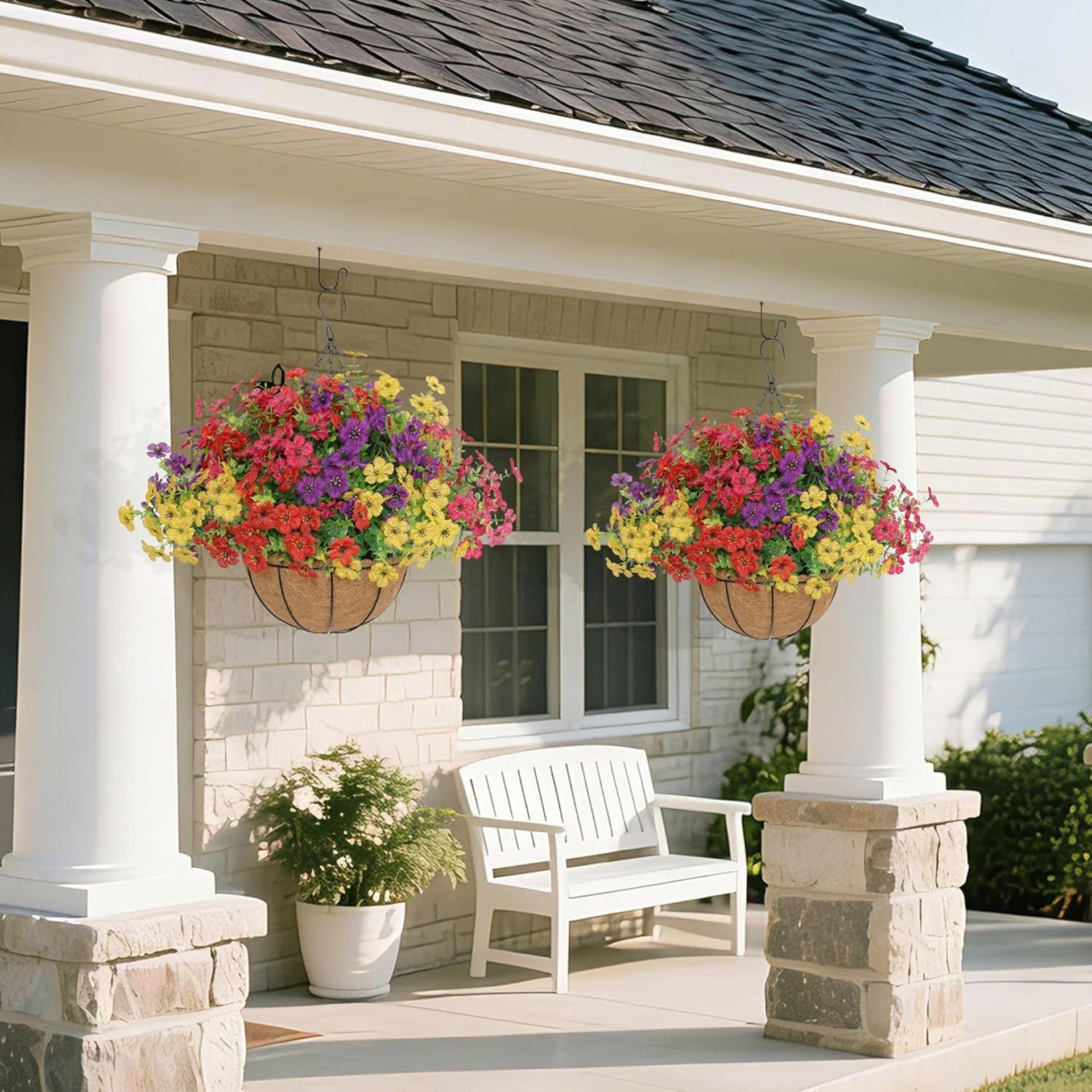 2 Set Artificial Hanging Flowers with Basket, UV Resistant Faux Wildflowers for Outdoor Decor - 2