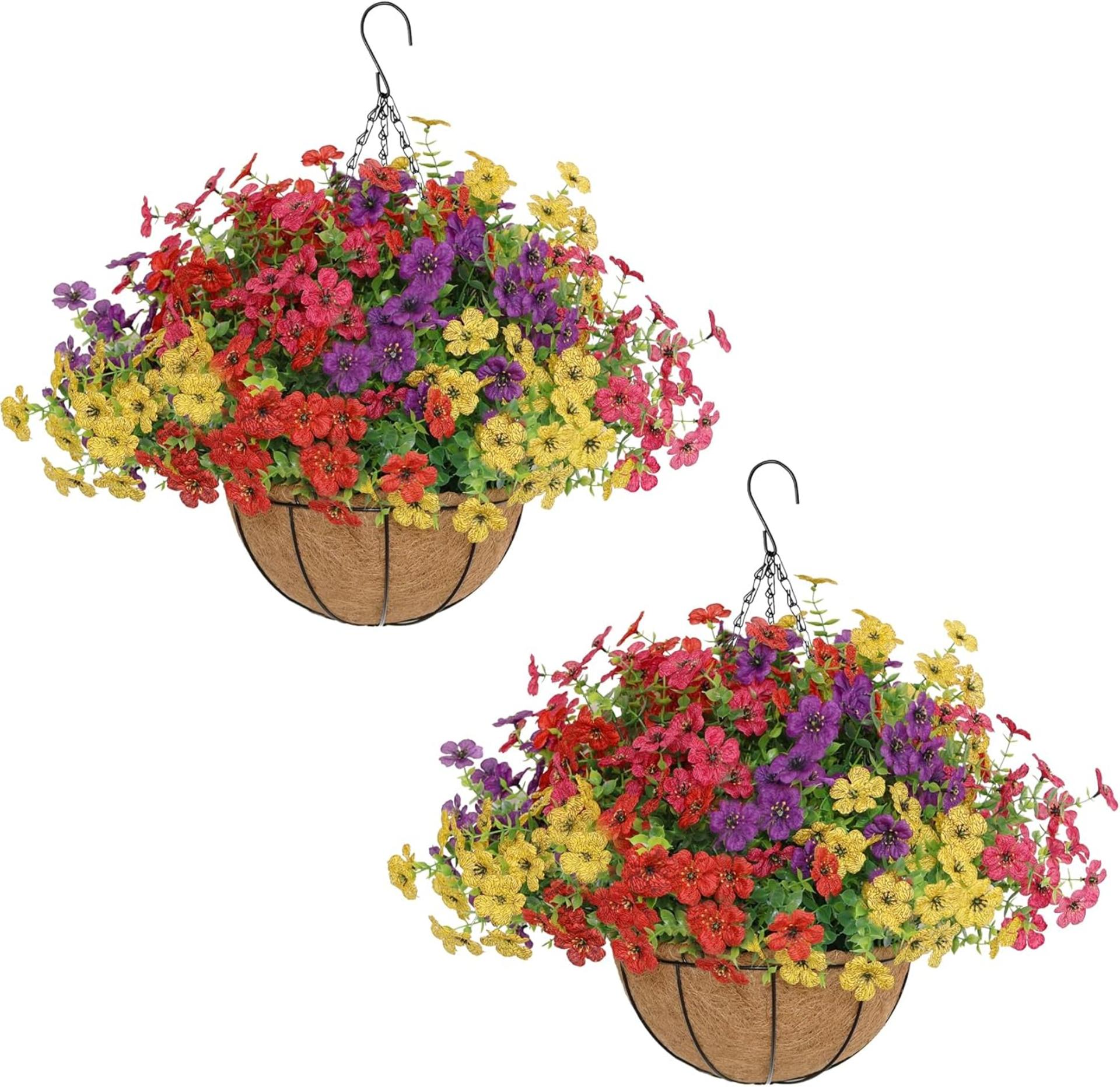 2 Set Artificial Hanging Flowers with Basket, UV Resistant Faux Wildflowers for Outdoor Decor