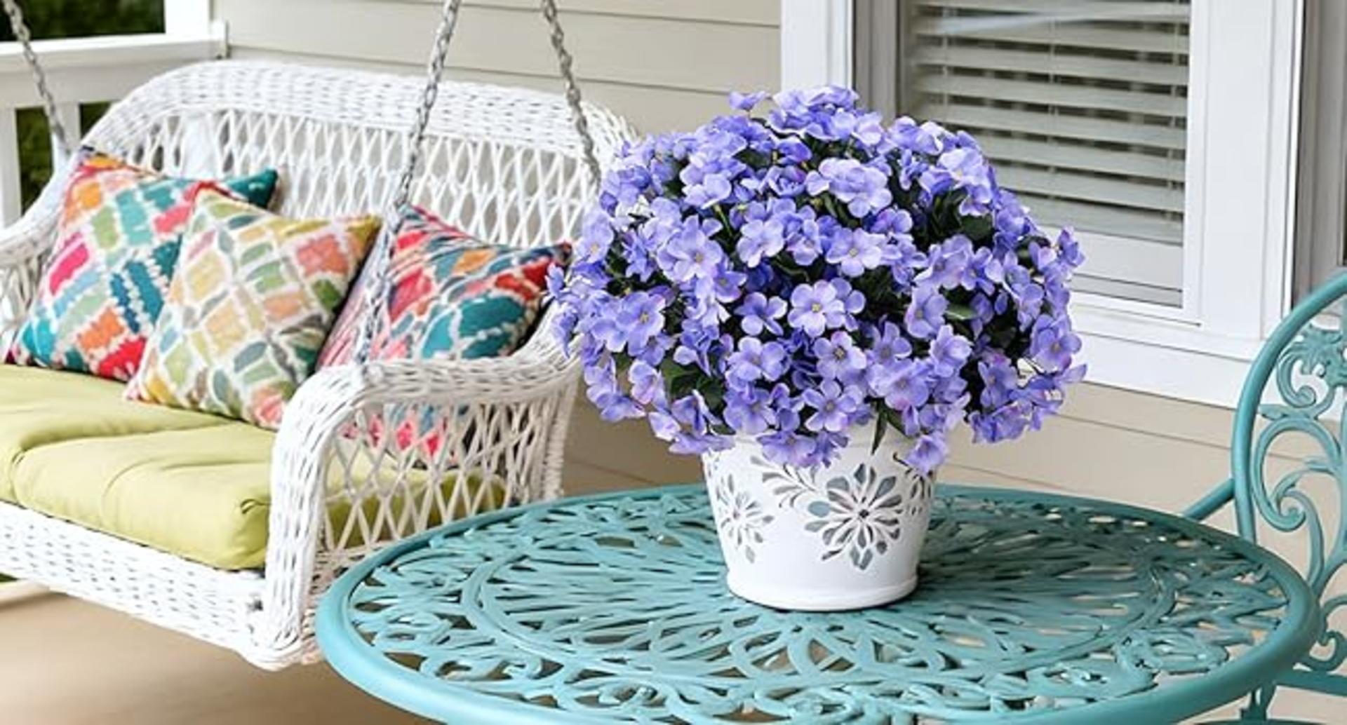 Artificial Hanging Flowers with Basket for Outdoor, Fake Hydrangea UV Resistant Arrangements for Porch Garden detail 3
