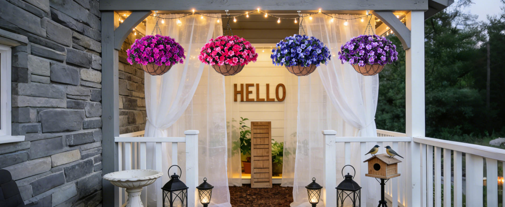 Artificial Hanging Flowers with Basket for Outdoor, Fake Hydrangea UV Resistant Arrangements for Porch Garden detail 8