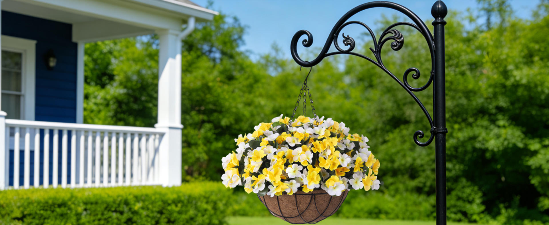 Artificial Hanging Flowers with Basket for Outdoor, Fake Hydrangea UV Resistant Arrangements for Porch Garden detail 10