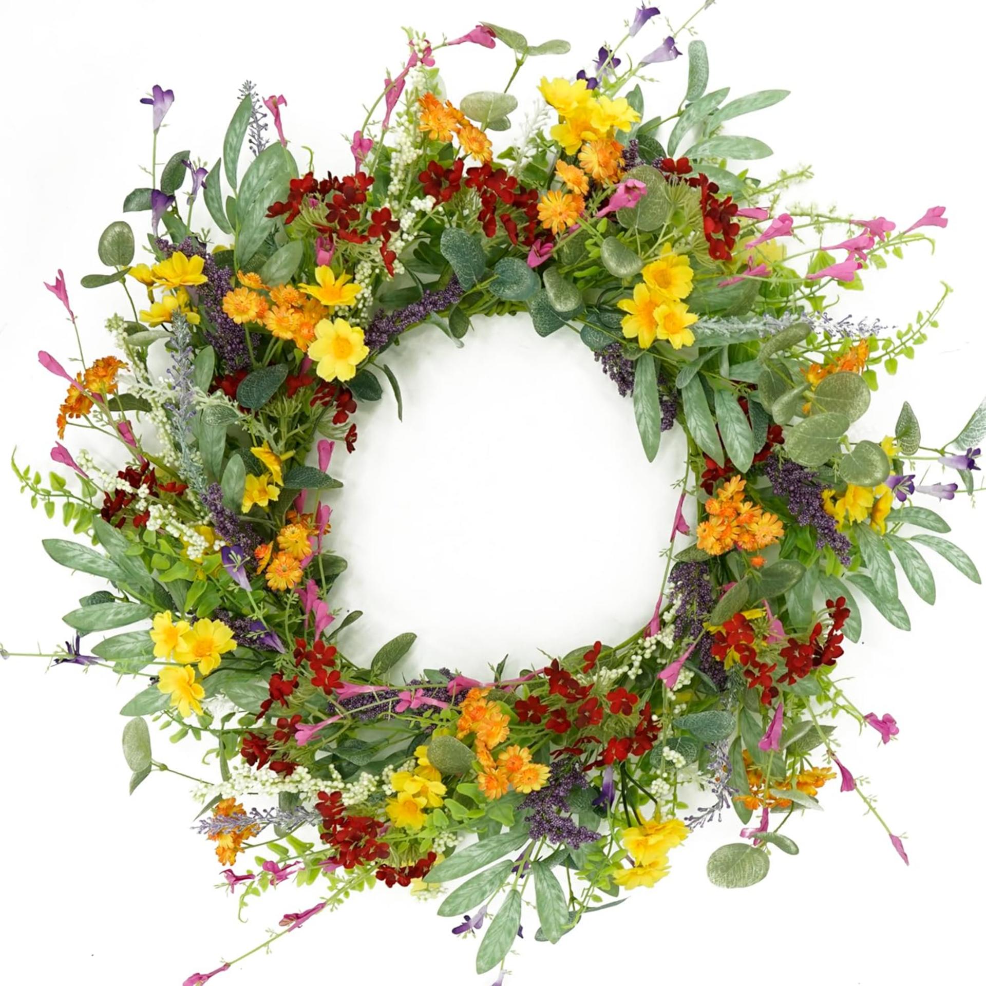 20 Inch Artificial Spring Summer Wreath with Yellow Daisies, Olive and Eucalyptus Leaves