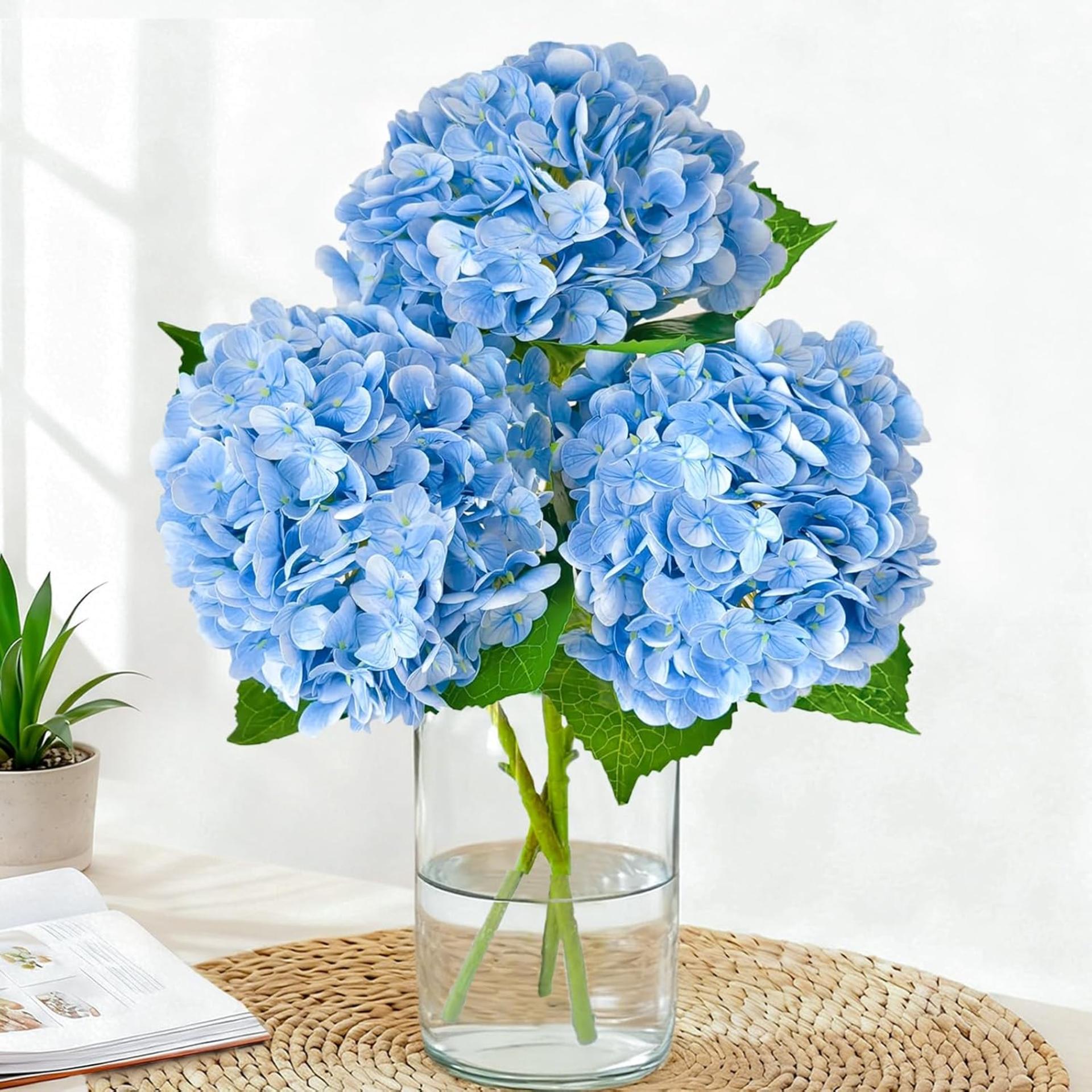 Real Touch Blue Hydrangea Artificial Flowers with Stems, 3 Pcs UV-Resistant Fake Silk Flowers - 1
