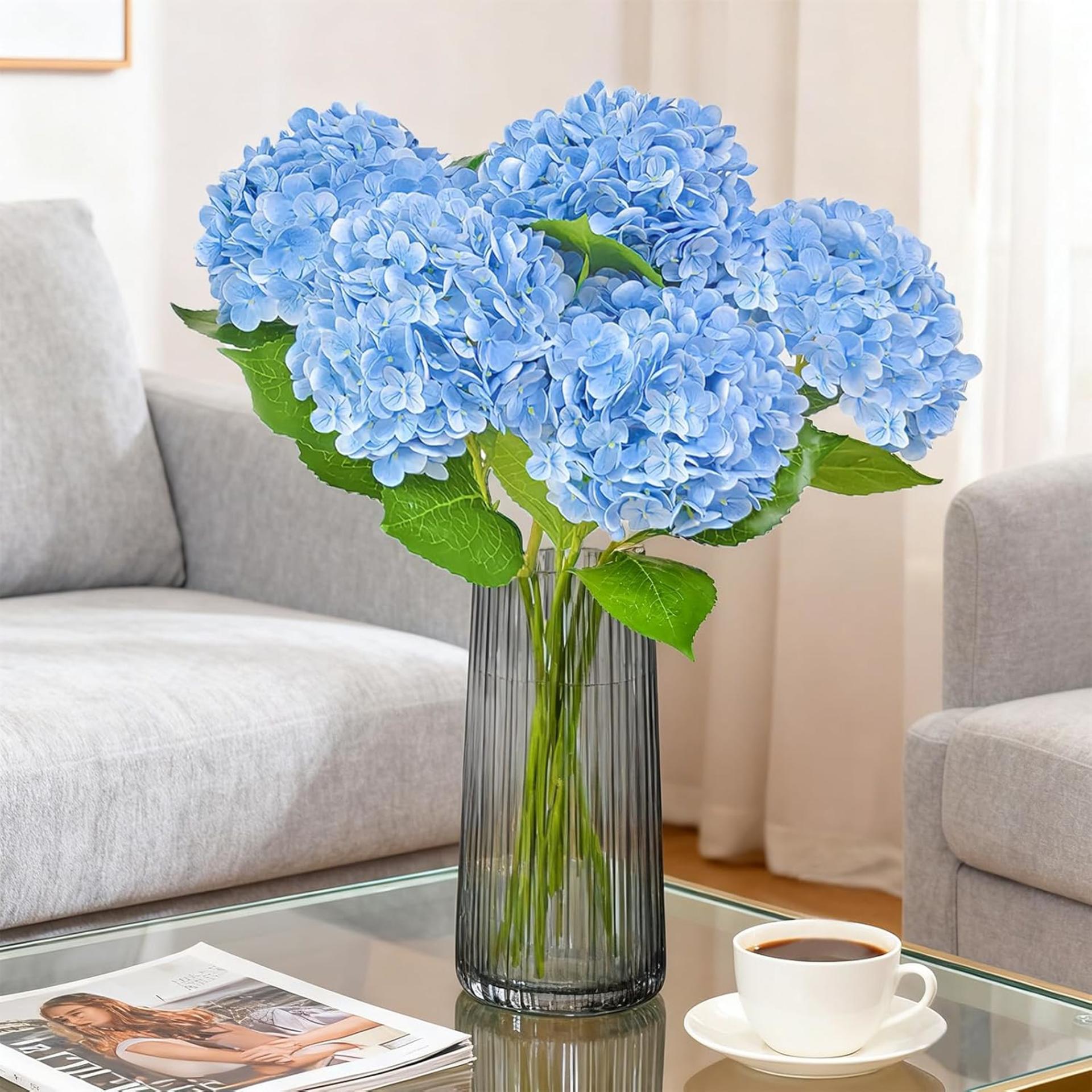 Real Touch Blue Hydrangea Artificial Flowers with Stems, 3 Pcs UV-Resistant Fake Silk Flowers - 3
