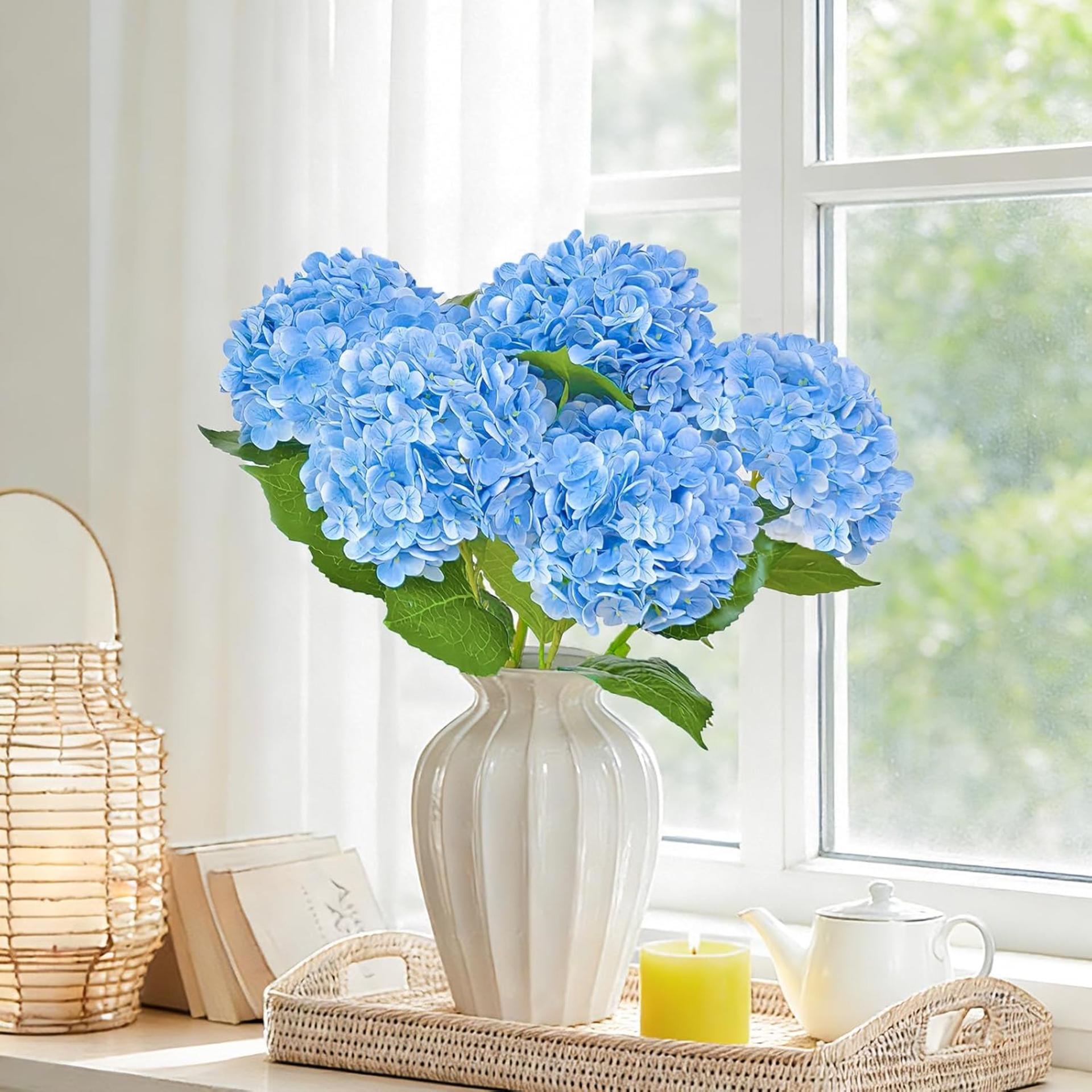 Real Touch Blue Hydrangea Artificial Flowers with Stems, 3 Pcs UV-Resistant Fake Silk Flowers - 6