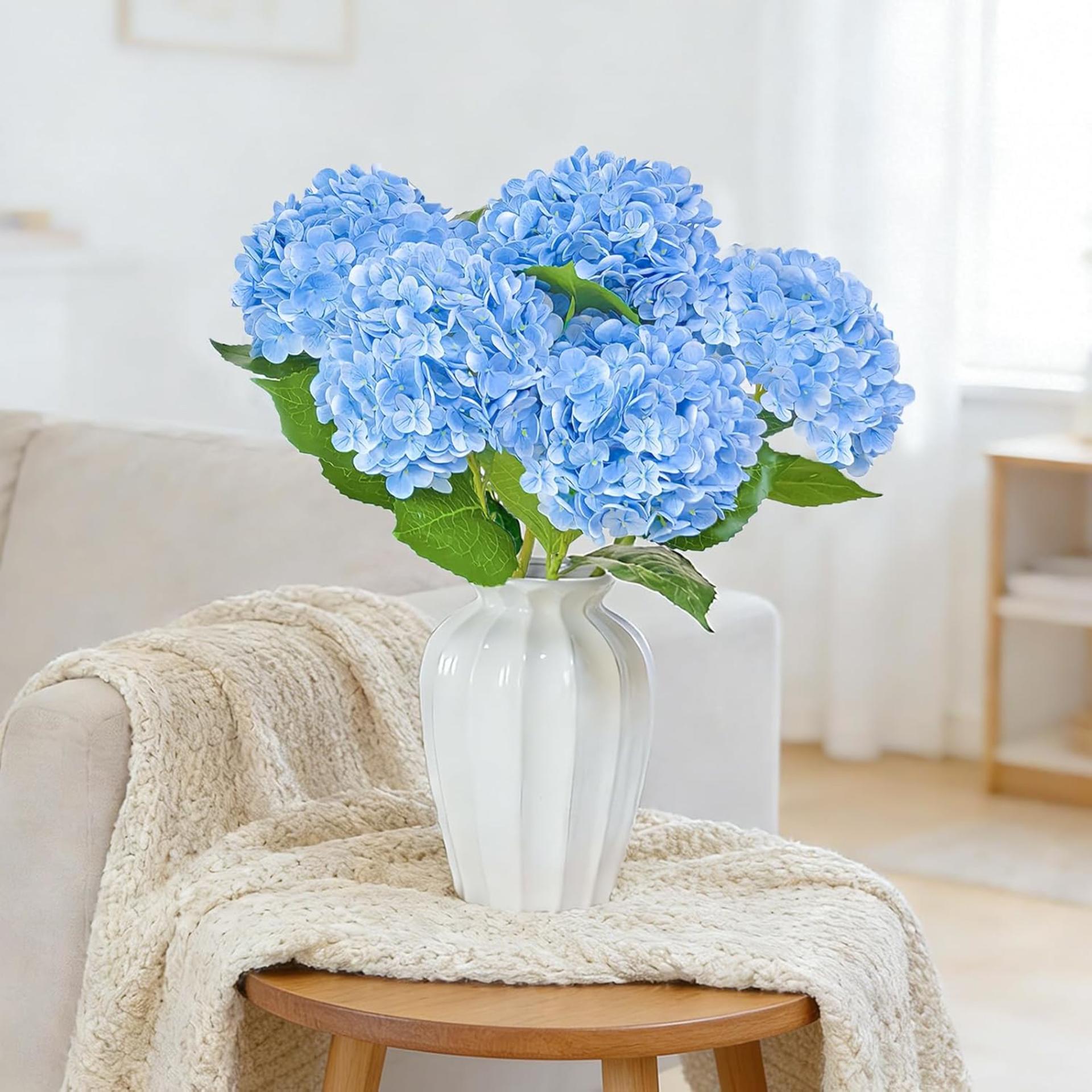 Real Touch Blue Hydrangea Artificial Flowers with Stems, 3 Pcs UV-Resistant Fake Silk Flowers - 8
