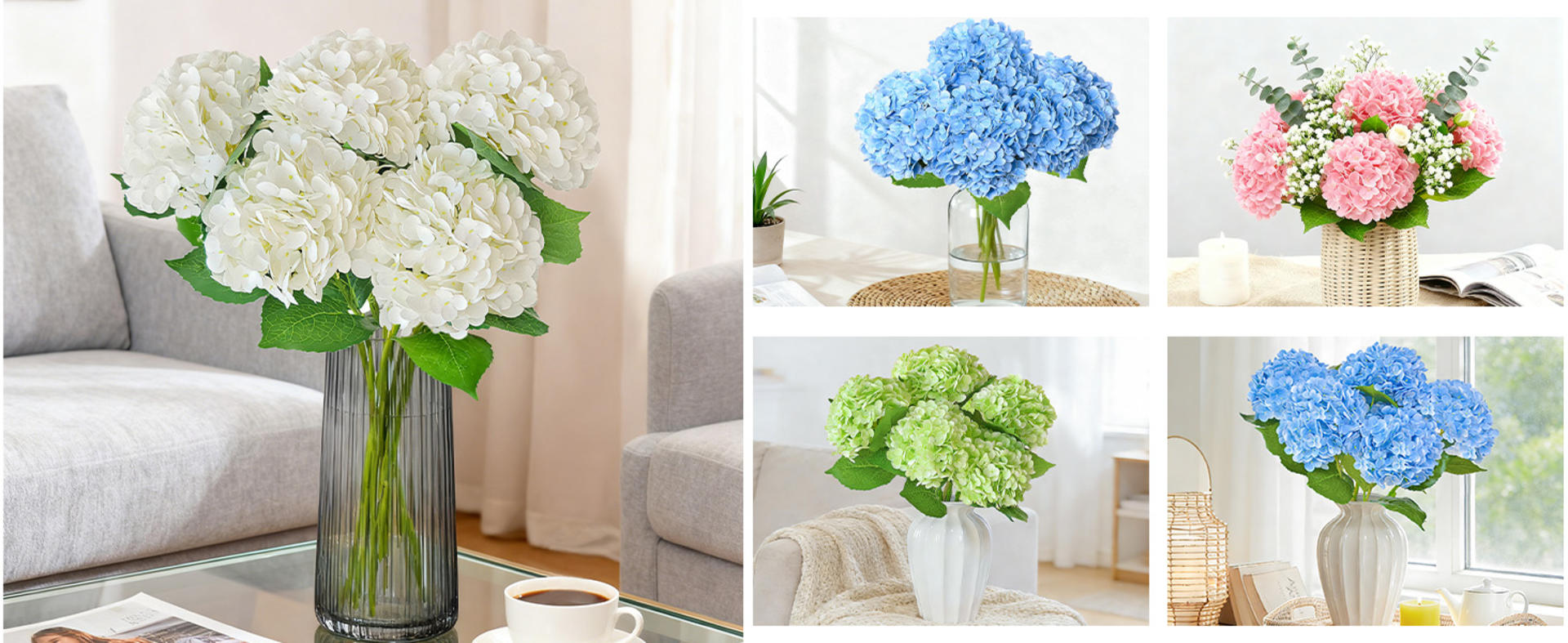 Real Touch Blue Hydrangea Artificial Flowers with Stems, 3 Pcs UV-Resistant Fake Silk Flowers detail 6