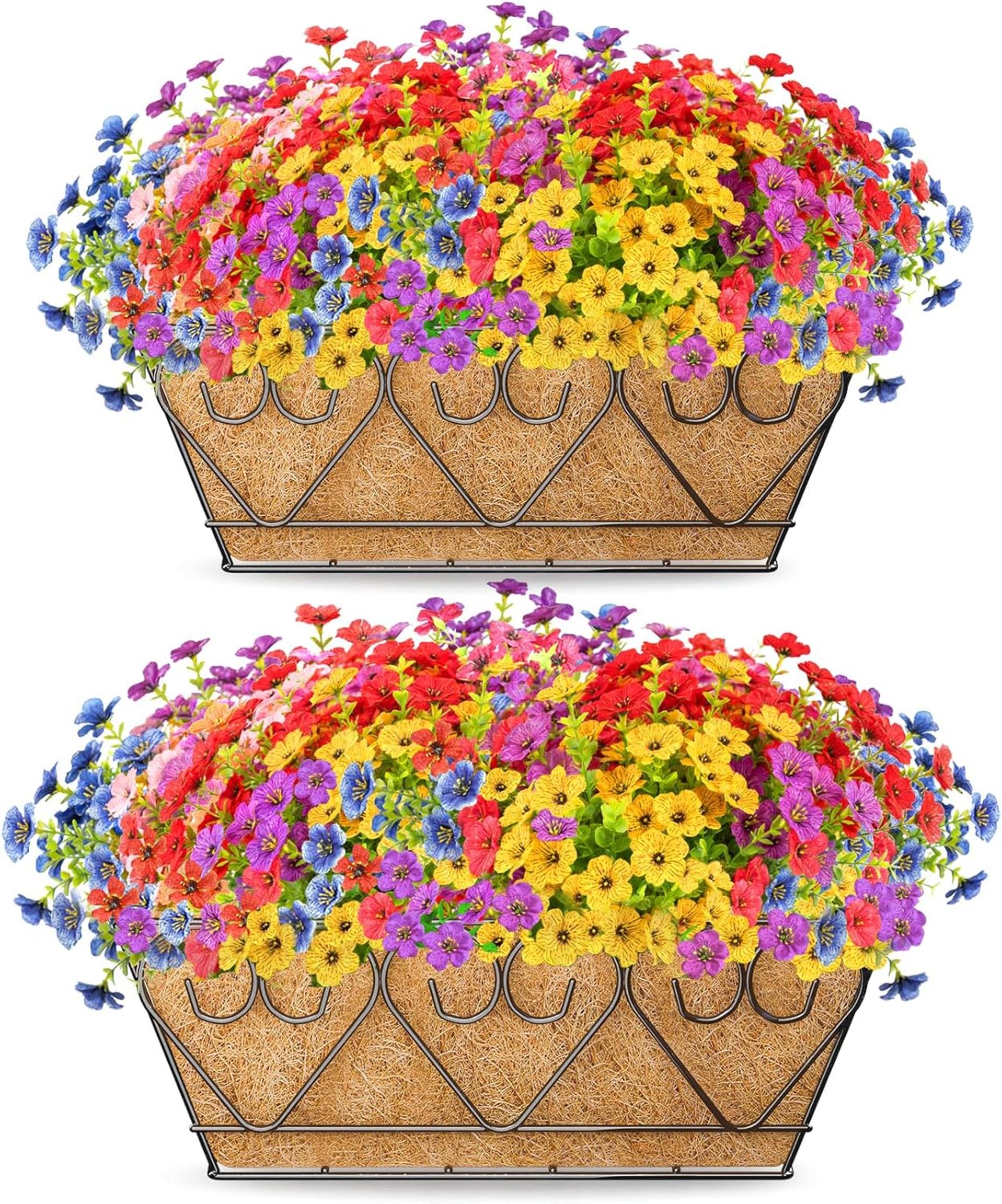 2 Pack 16 Inch Railing Planter Boxes with Artificial Flowers and Natural Coco Liners