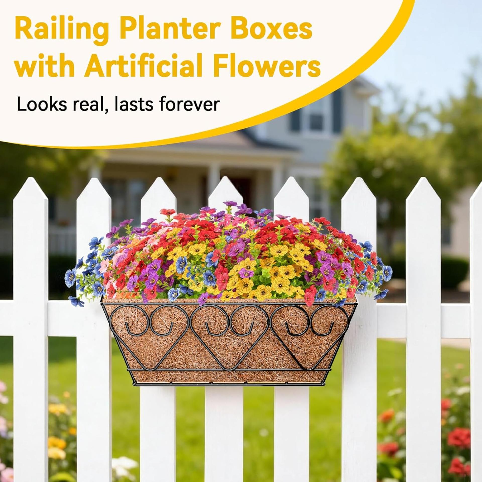 2 Pack 16 Inch Railing Planter Boxes with Artificial Flowers and Natural Coco Liners - 5