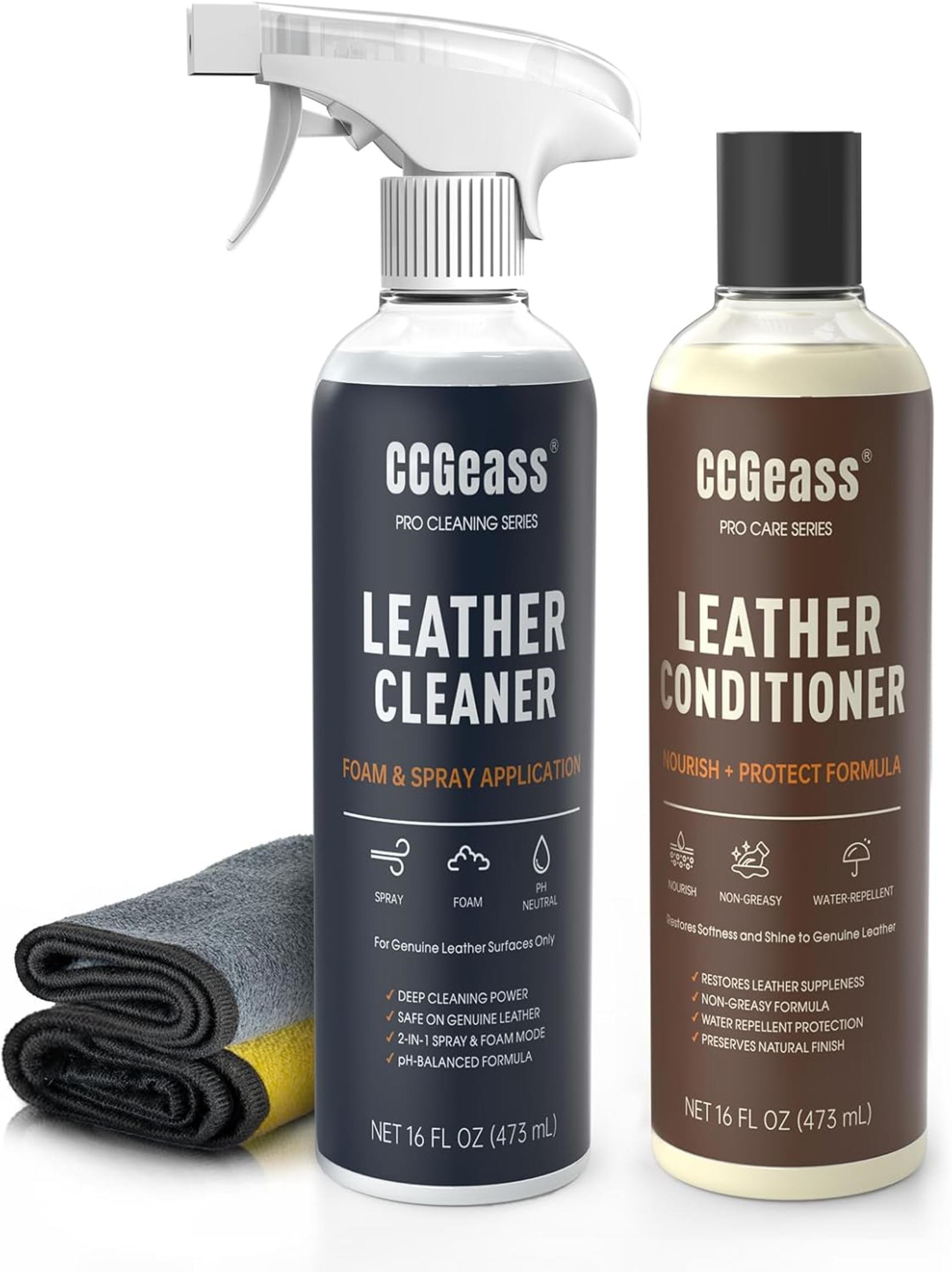 Leather Cleaner and Conditioner Kit - 2x16oz pH-Balanced Formula for Car Seats, Furniture, and Shoes