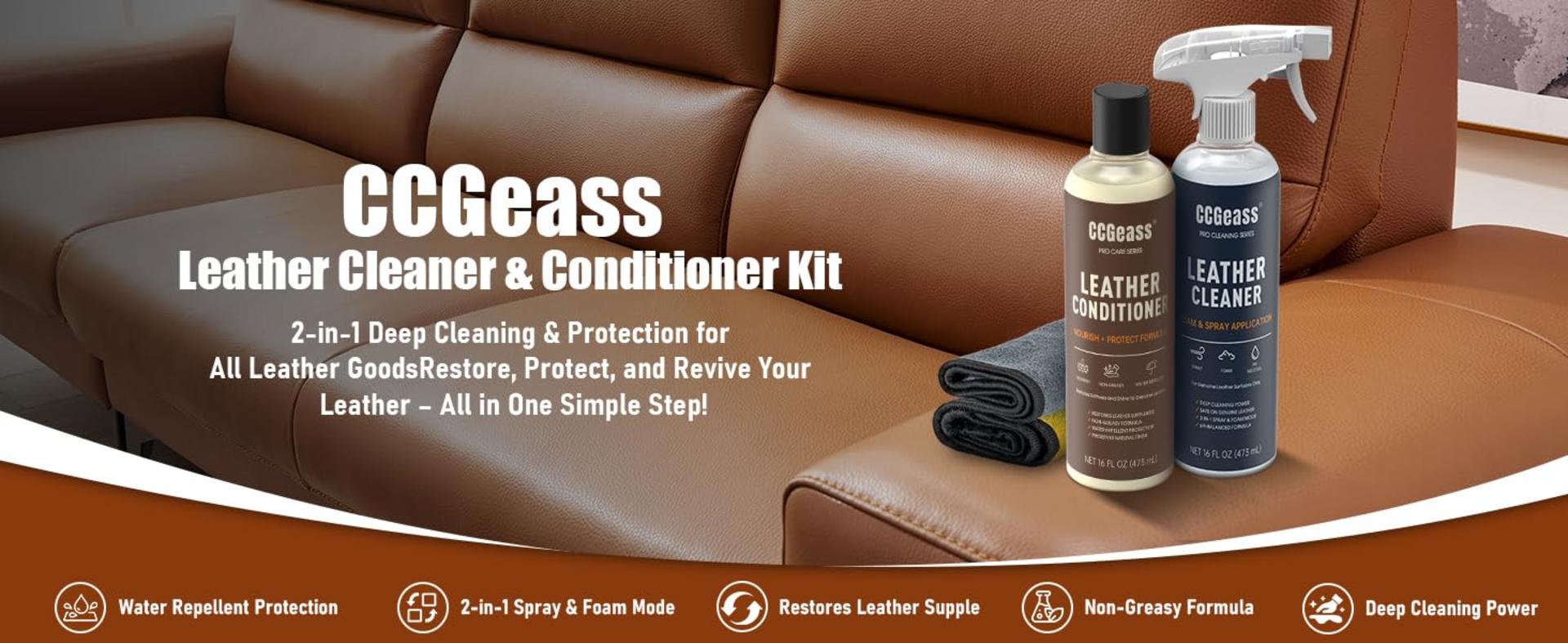 Leather Cleaner and Conditioner Kit - 2x16oz pH-Balanced Formula for Car Seats, Furniture, and Shoes detail 1