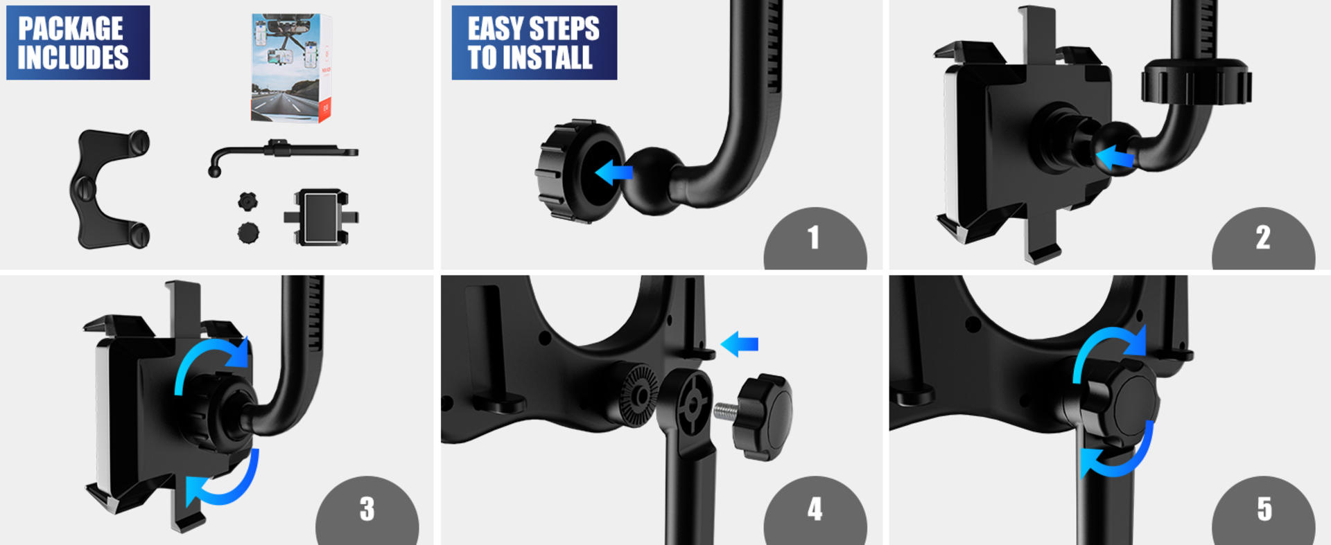 Rotatable and Retractable Rear View Mirror Phone Holder, Universal 360° Car Mount for 4-7 inch Smartphones detail 4
