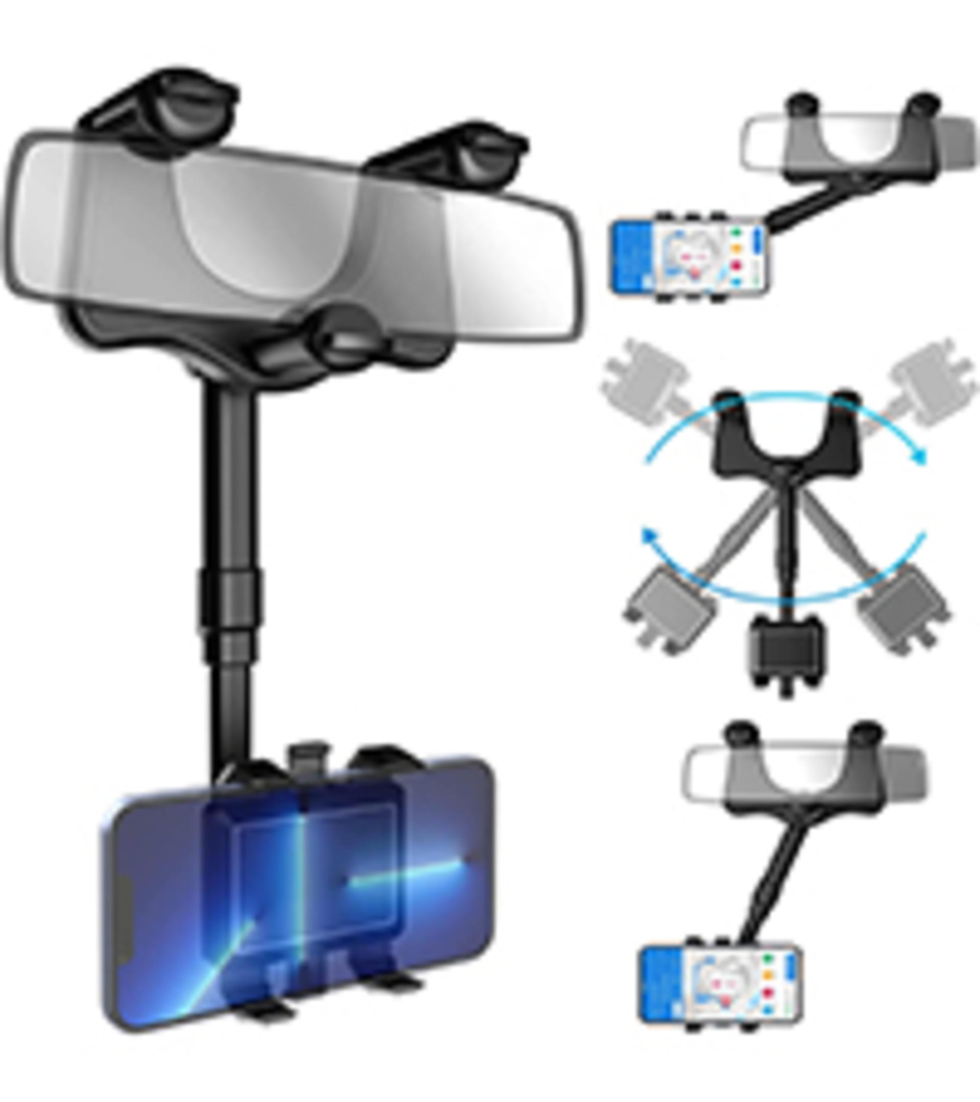 Rotatable and Retractable Rear View Mirror Phone Holder, Universal 360° Car Mount for 4-7 inch Smartphones detail 6