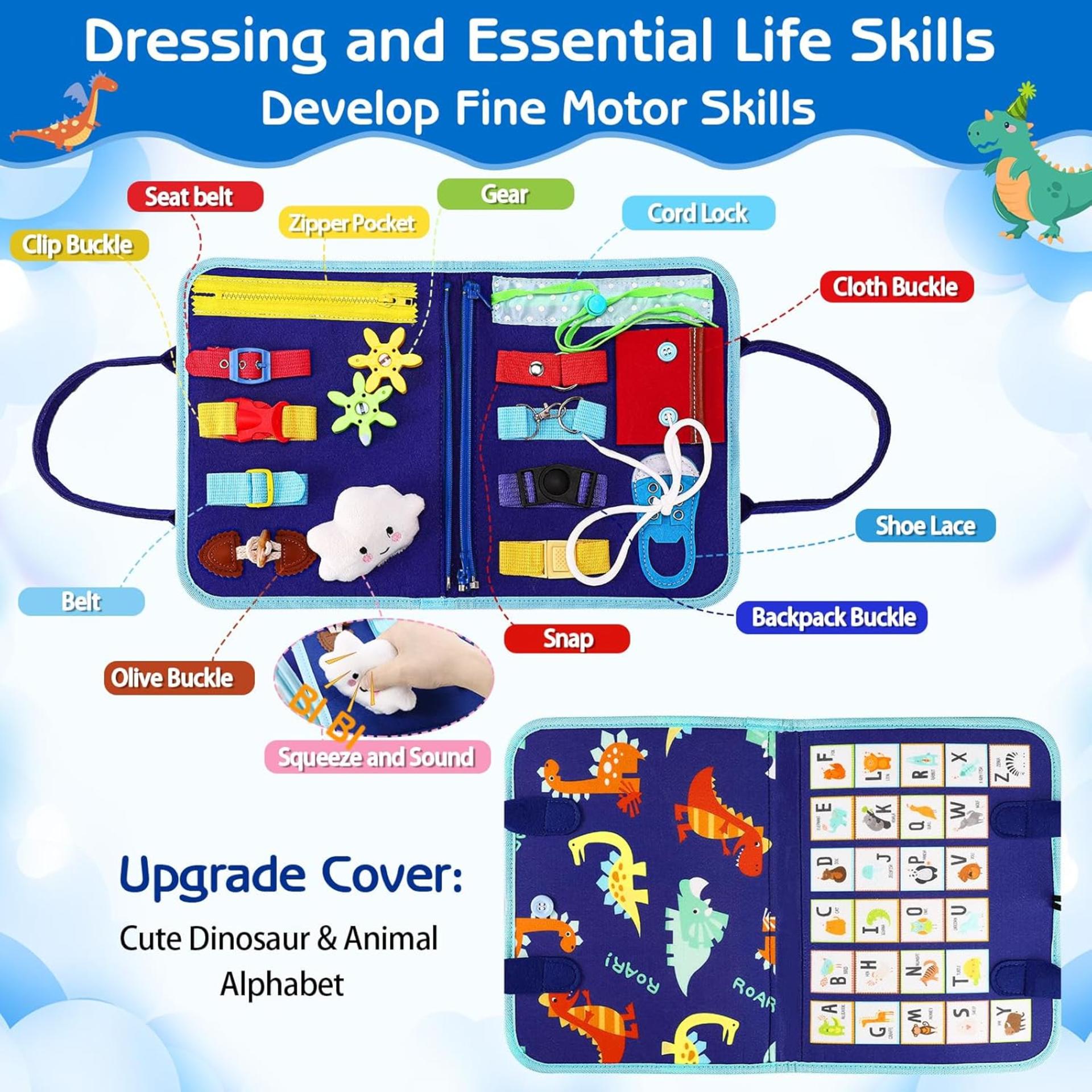 Toddler Busy Board Montessori Sensory Book for Fine Motor Skills, Blue Dinosaur - 2