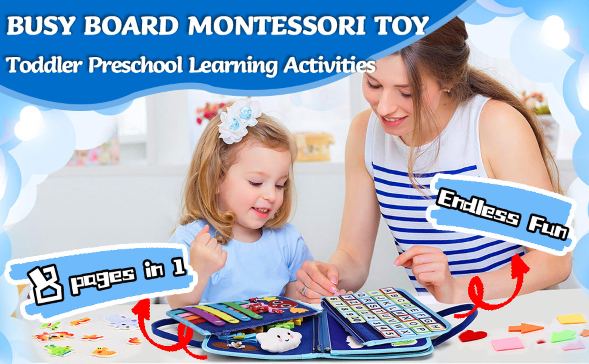 Toddler Busy Board Montessori Sensory Book for Fine Motor Skills, Blue Dinosaur detail 1