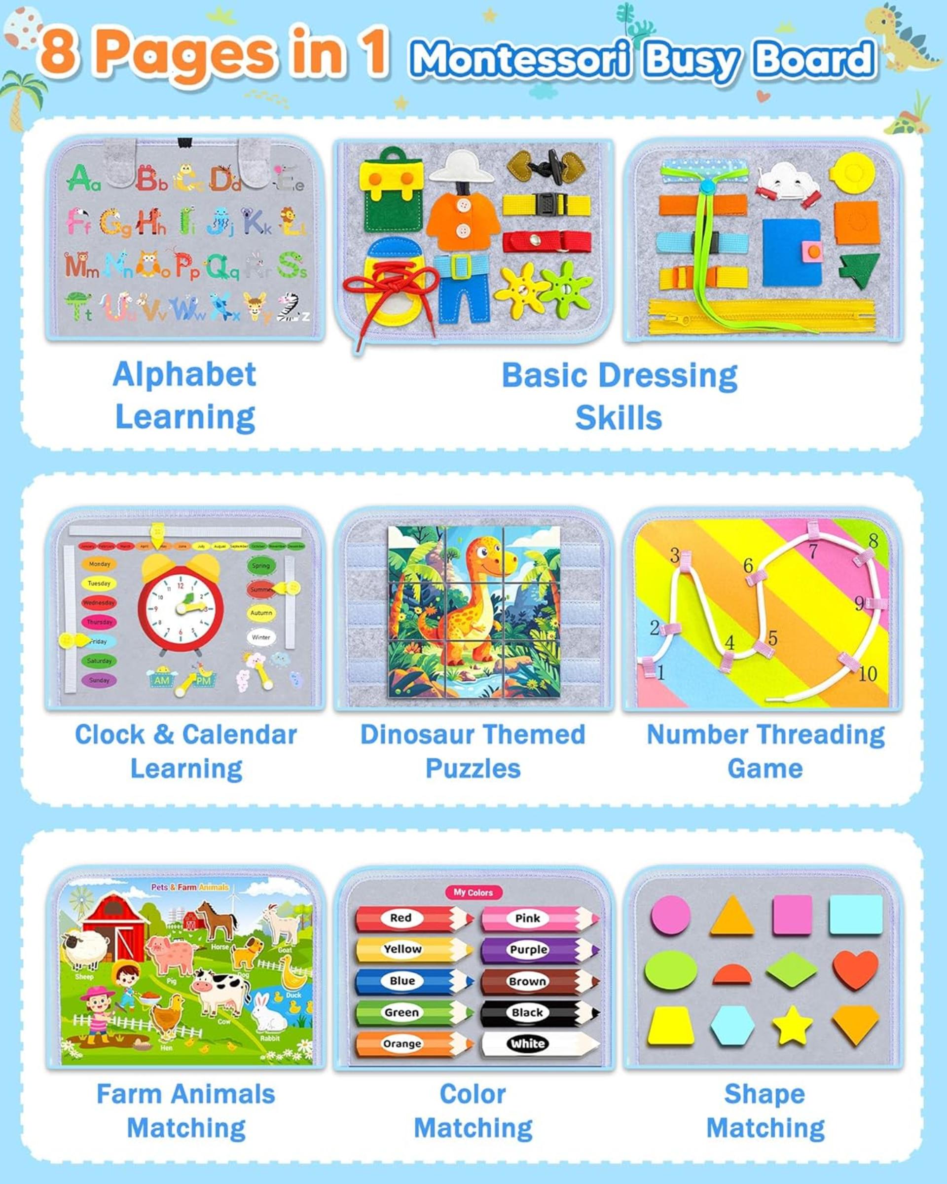 8-Page Montessori Busy Board for Toddlers - Sensory Learning Toy & Travel Activity Book - 3