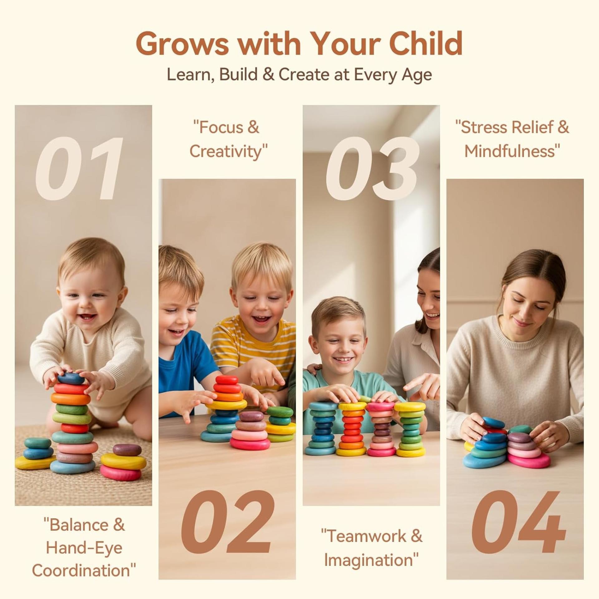Extra-Large Stacking Rocks for Toddlers 1-3, 16 PCS Wooden Montessori Toys, Jumbo Balancing Stones - 3
