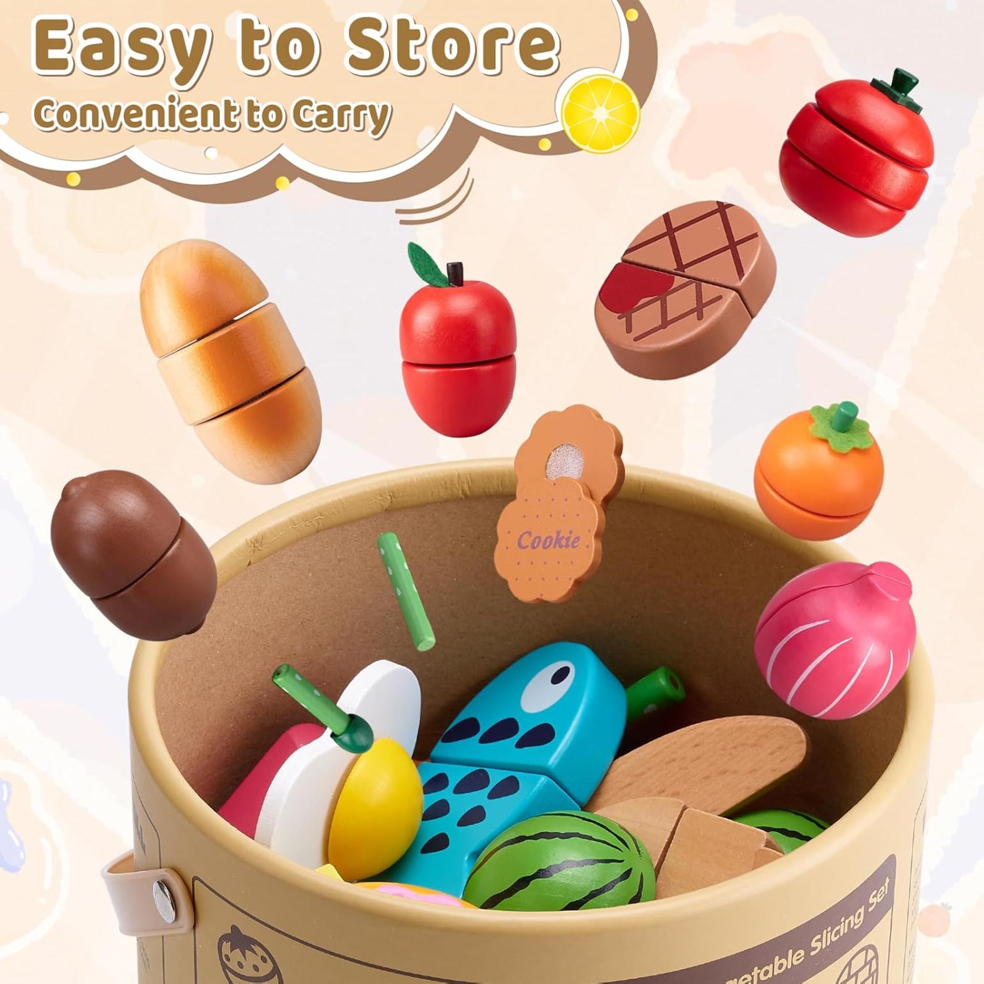 45 Pcs Wooden Pretend Play Food Set with Storage Bucket for Kids Kitchen - 4