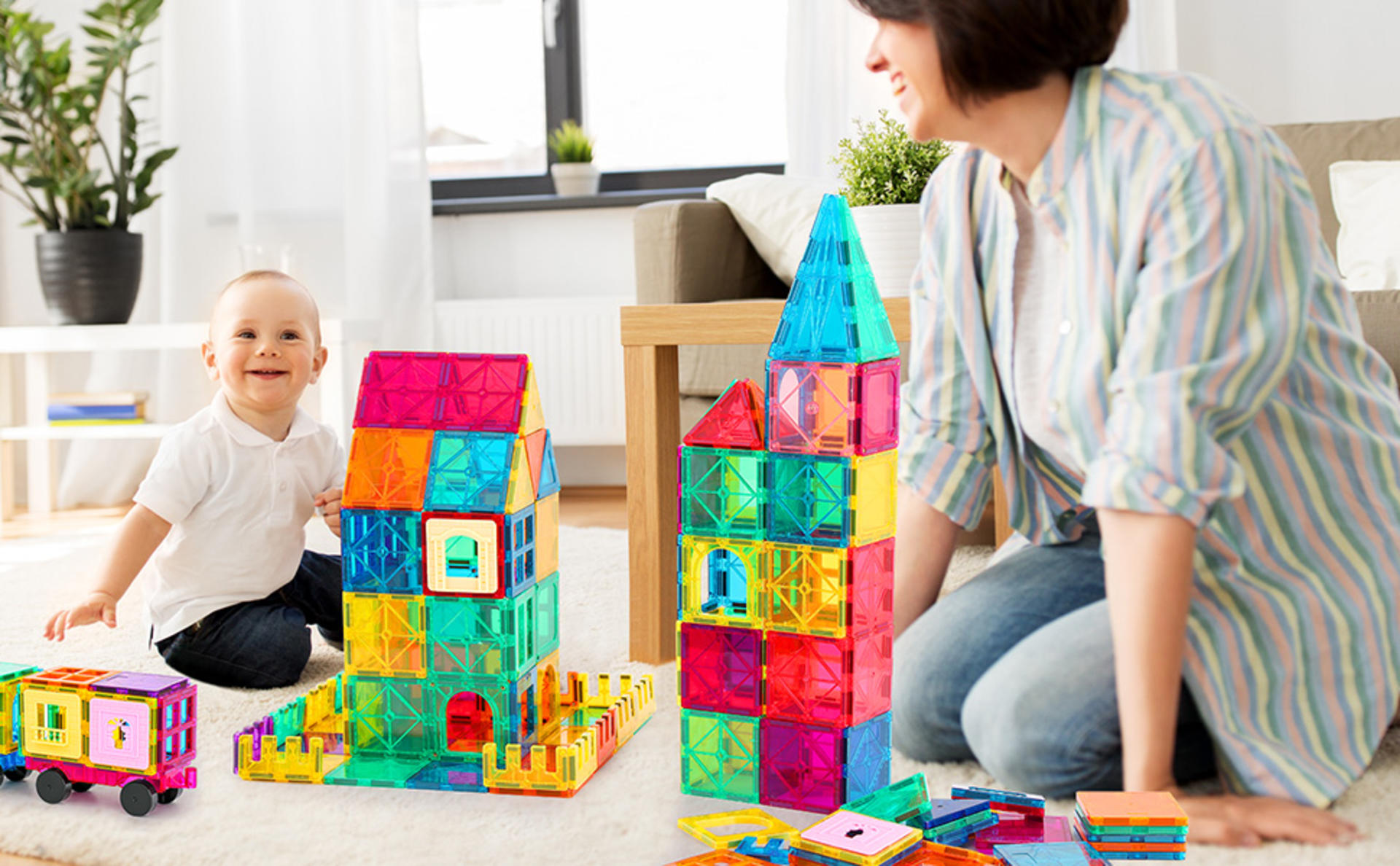 134PCS Magnetic Building Tiles Set - 3D STEM Stacking Blocks with 2 Cars for Kids detail 12