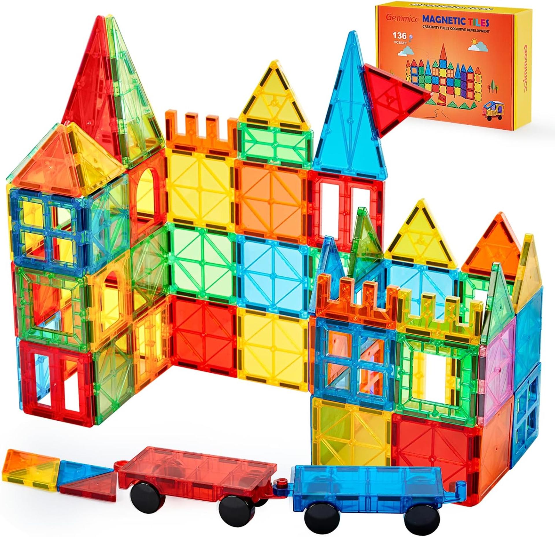 136 PCS Magnetic Tiles Building Blocks Set with 2 Cars, 3D STEM Stacking Toys for Kids