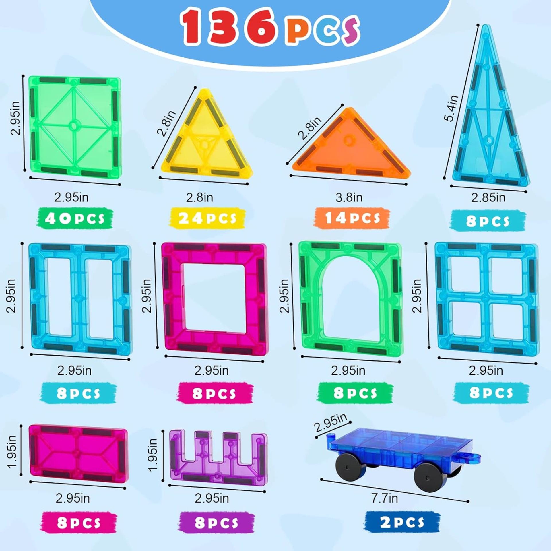 Deluxe 136 PCS Magnetic Tiles Building Blocks Set with 2 Cars for Kids - 3