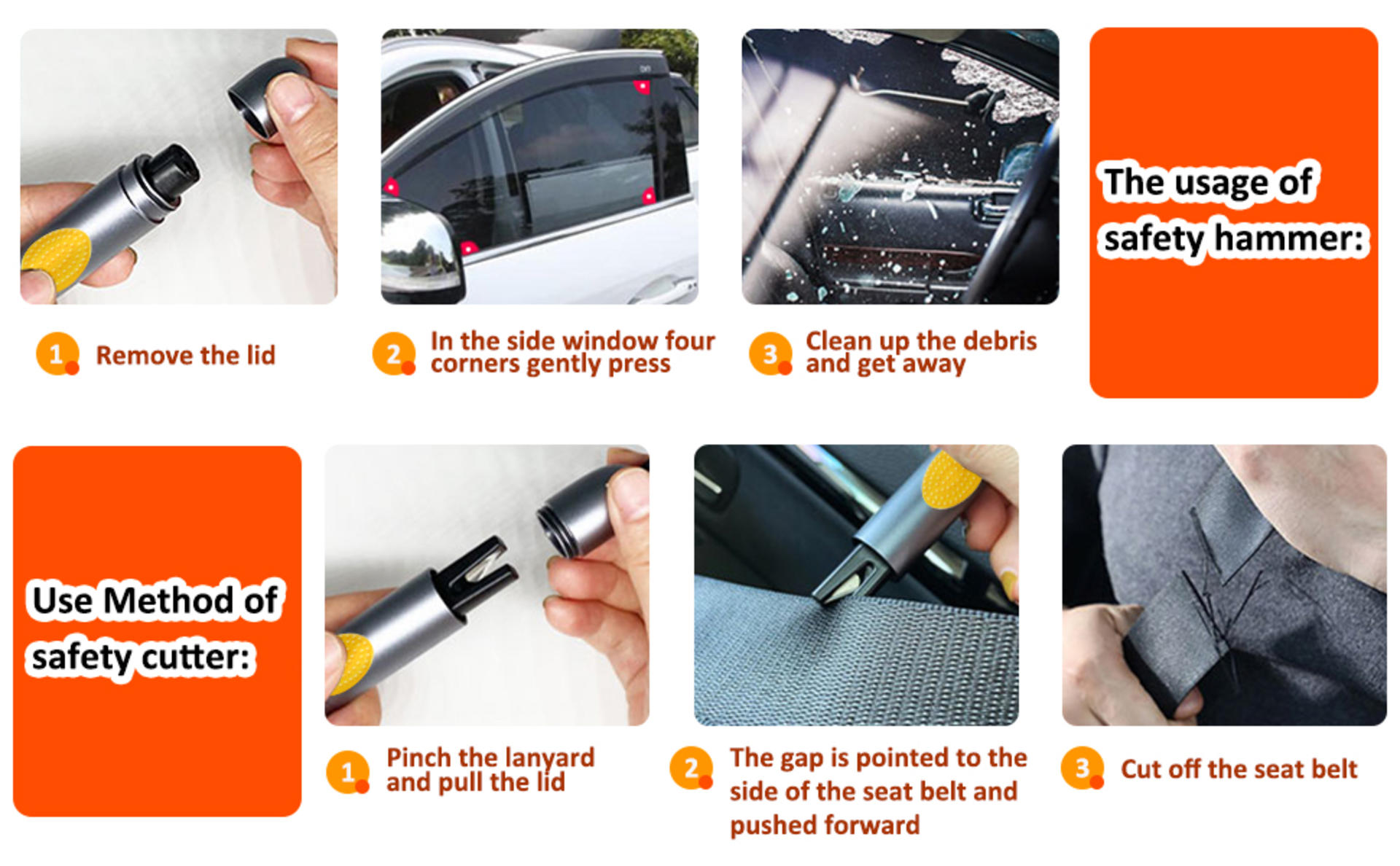 2-in-1 Car Safety Hammer Glass Breaker and Seatbelt Cutter with Anti-Slip Grip (2PCS) detail 8