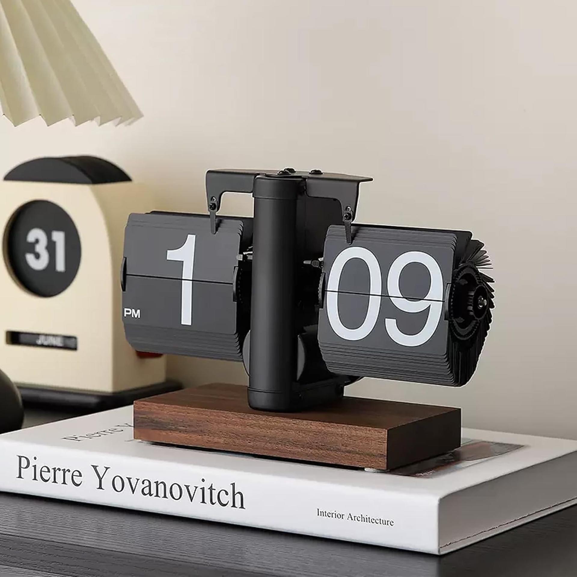 Retro Digital Flip Down Clock with Black Walnut Base, Mechanical Internal Gear Operated Desk Clock - 1