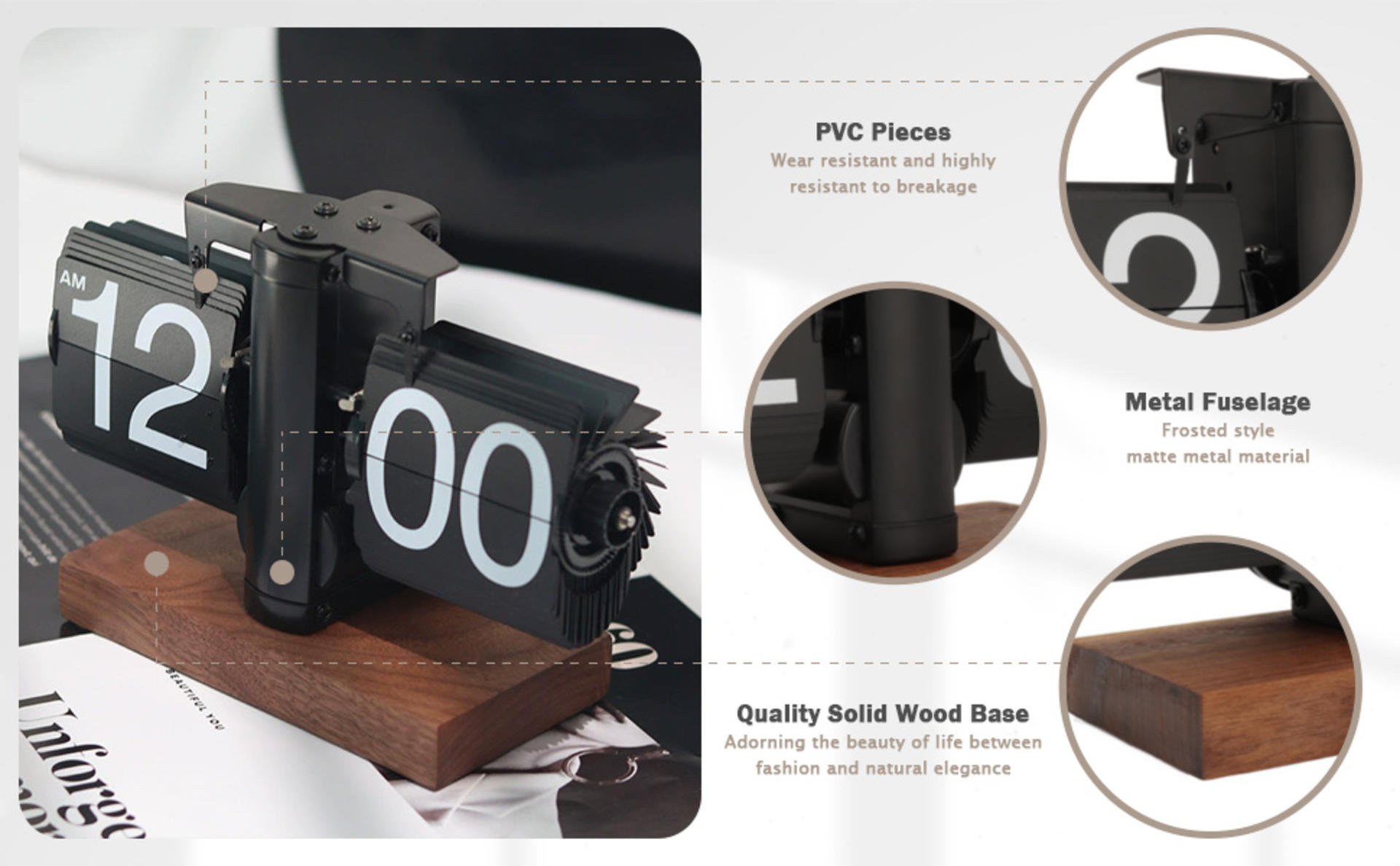 Retro Digital Flip Down Clock with Black Walnut Base, Mechanical Internal Gear Operated Desk Clock detail 3