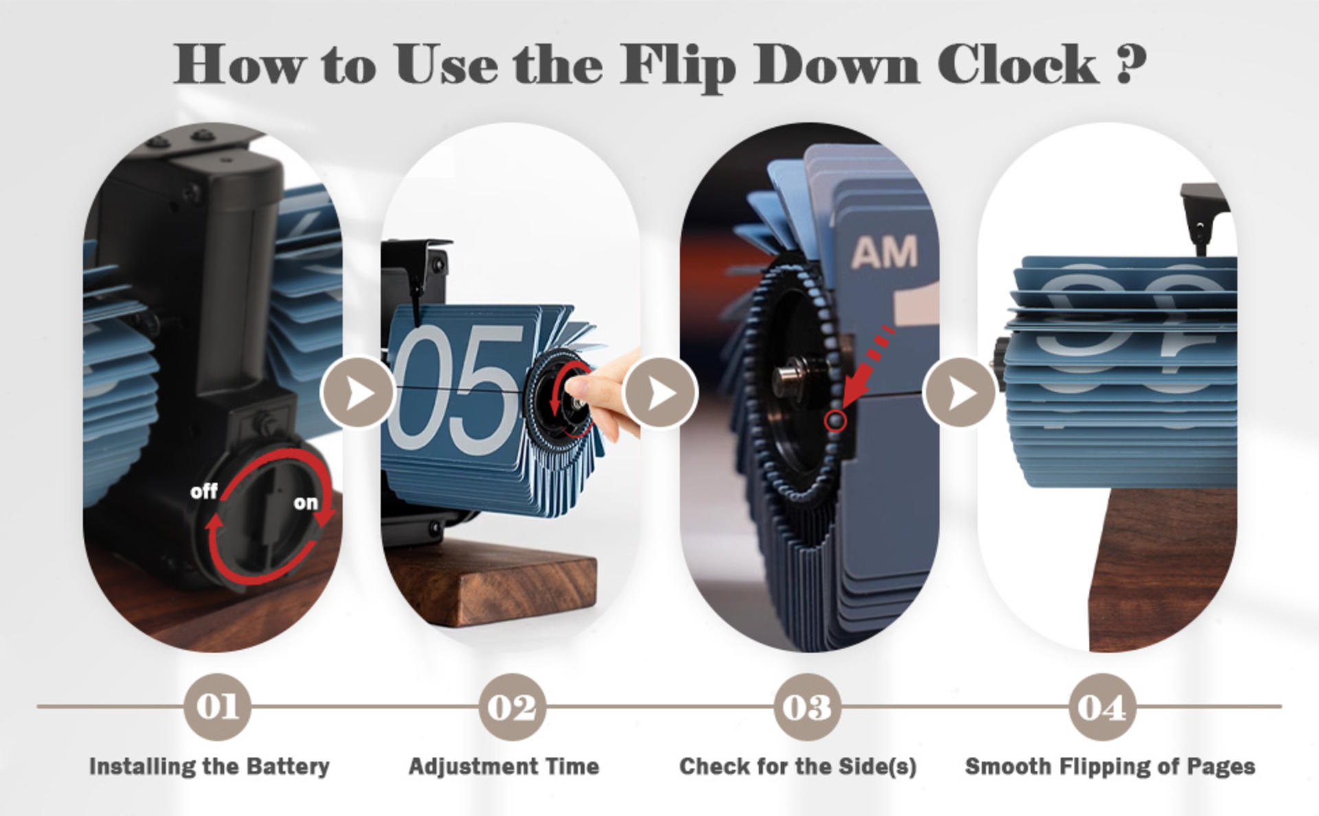 Retro Digital Flip Down Clock with Black Walnut Base, Mechanical Internal Gear Operated Desk Clock detail 4