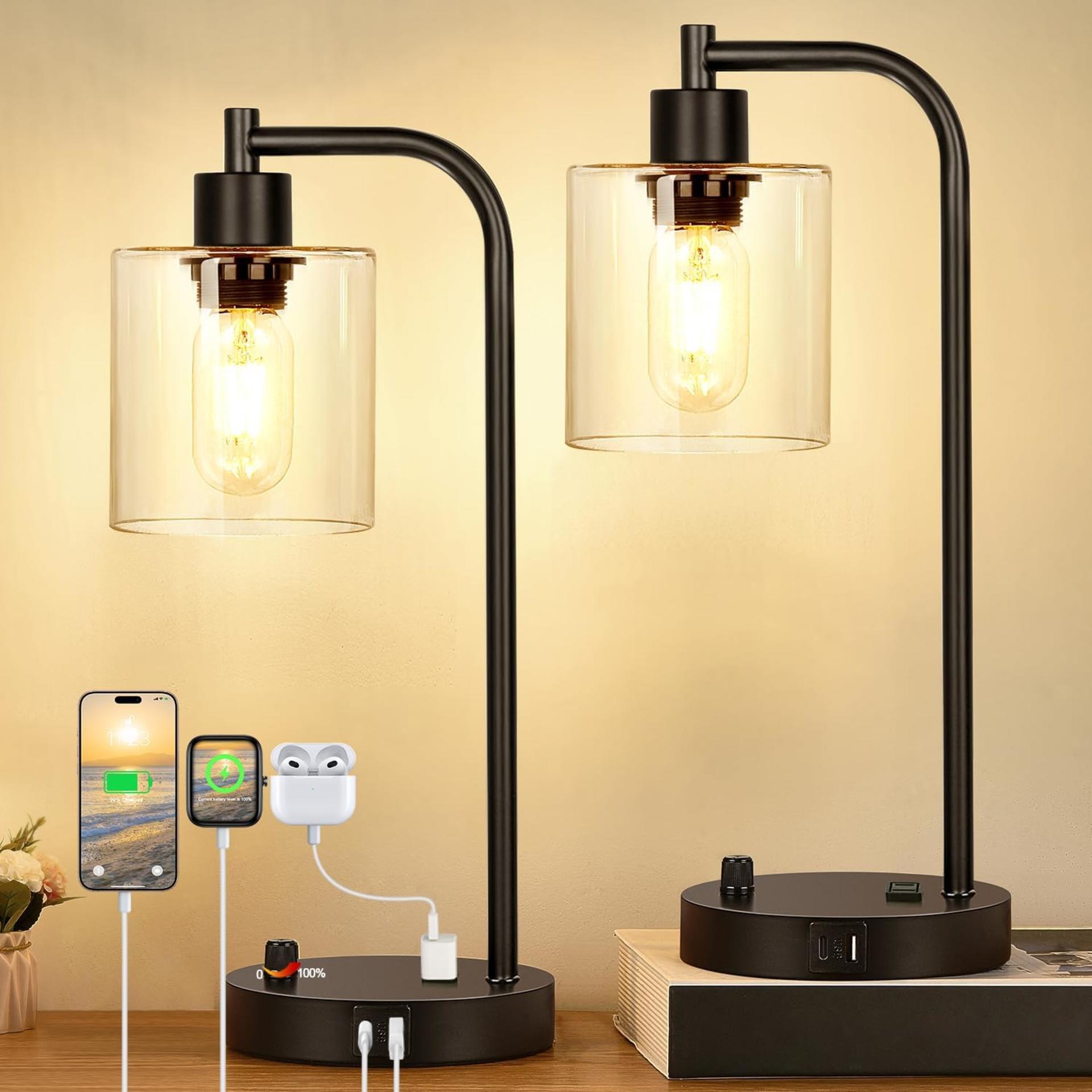 Set of 2 Industrial Table Lamps with USB C+A Ports, Stepless Dimmable Bedside Lamps with Glass Shade - 1