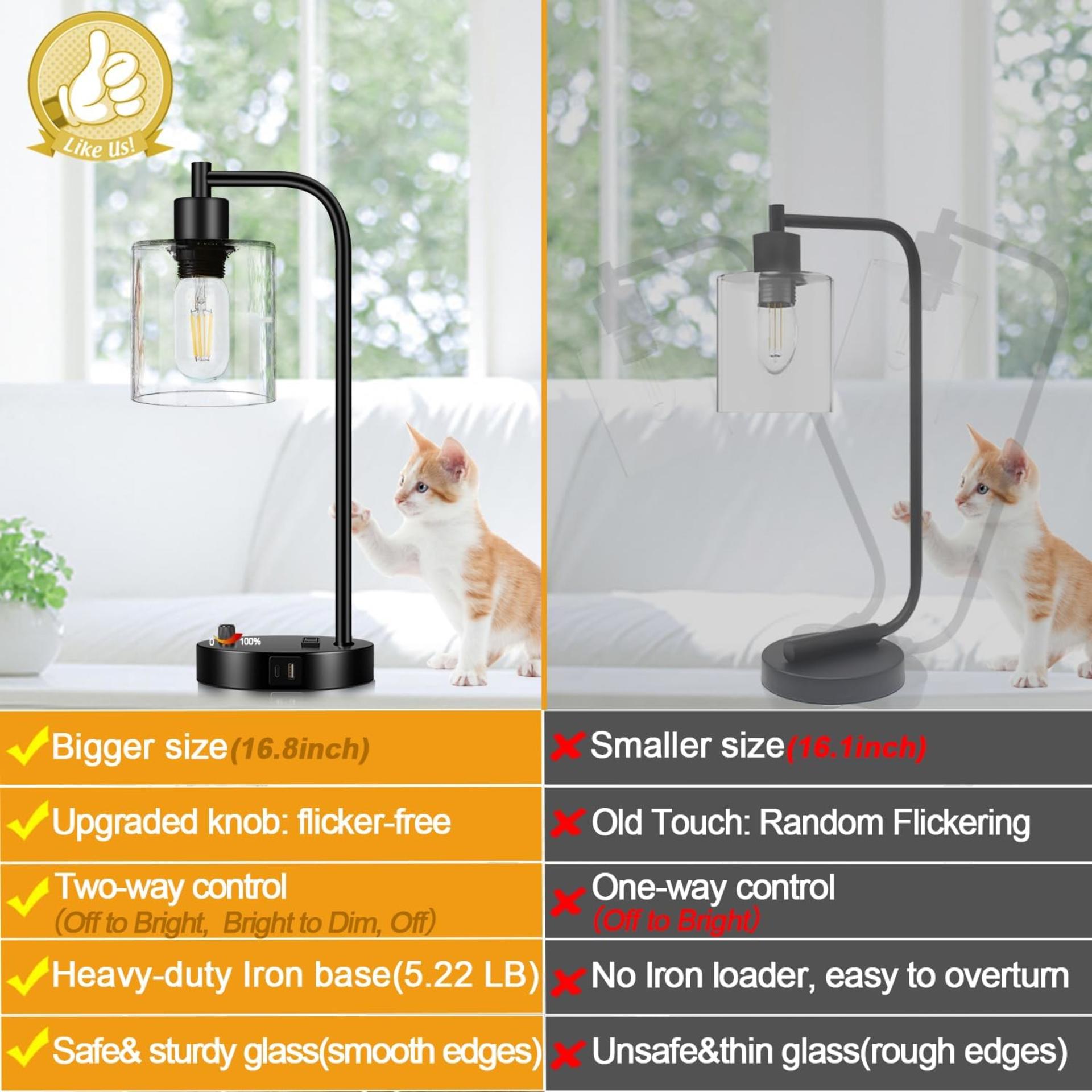 Set of 2 Industrial Table Lamps with USB C+A Ports, Stepless Dimmable Bedside Lamps with Glass Shade - 2