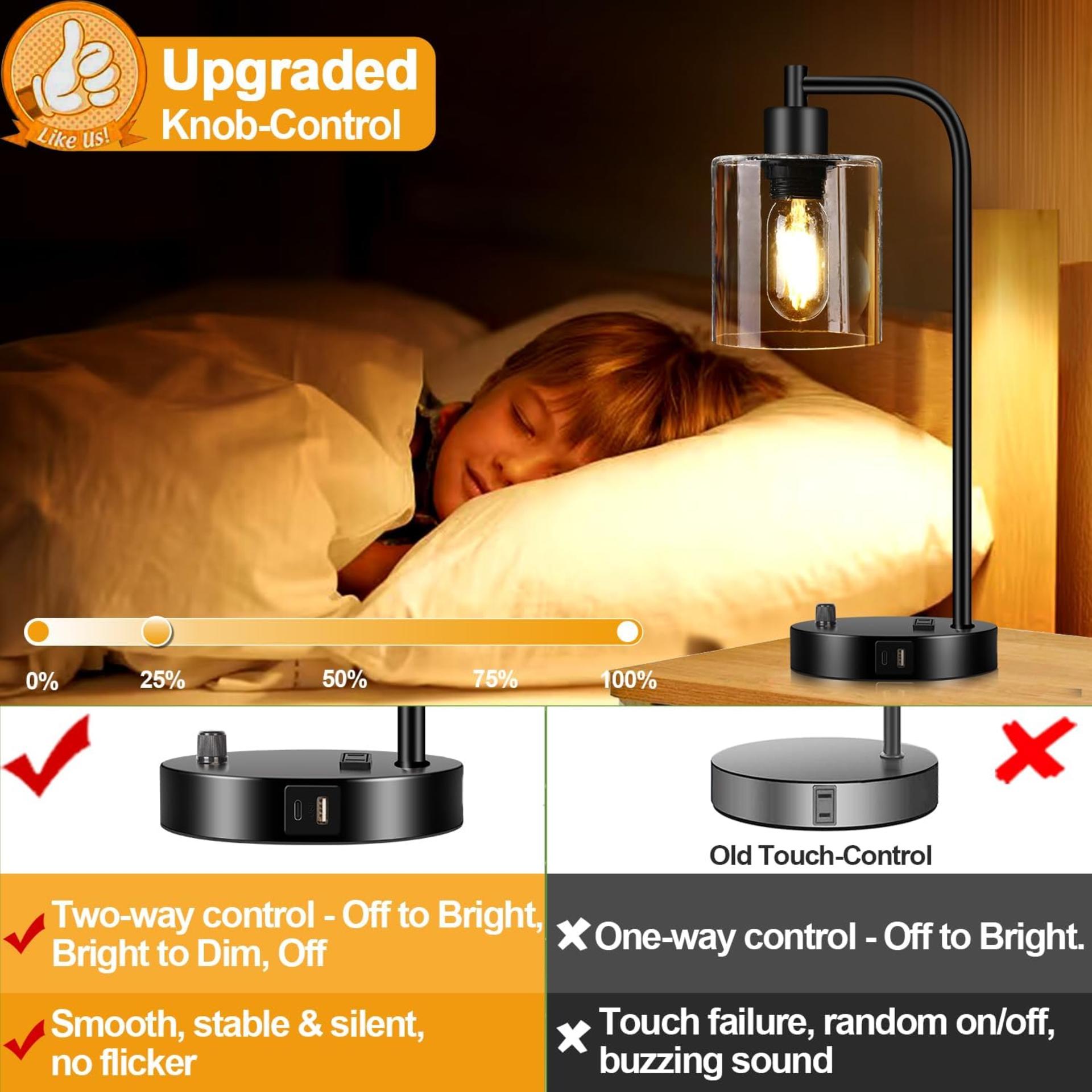 Set of 2 Industrial Table Lamps with USB C+A Ports, Stepless Dimmable Bedside Lamps with Glass Shade - 4