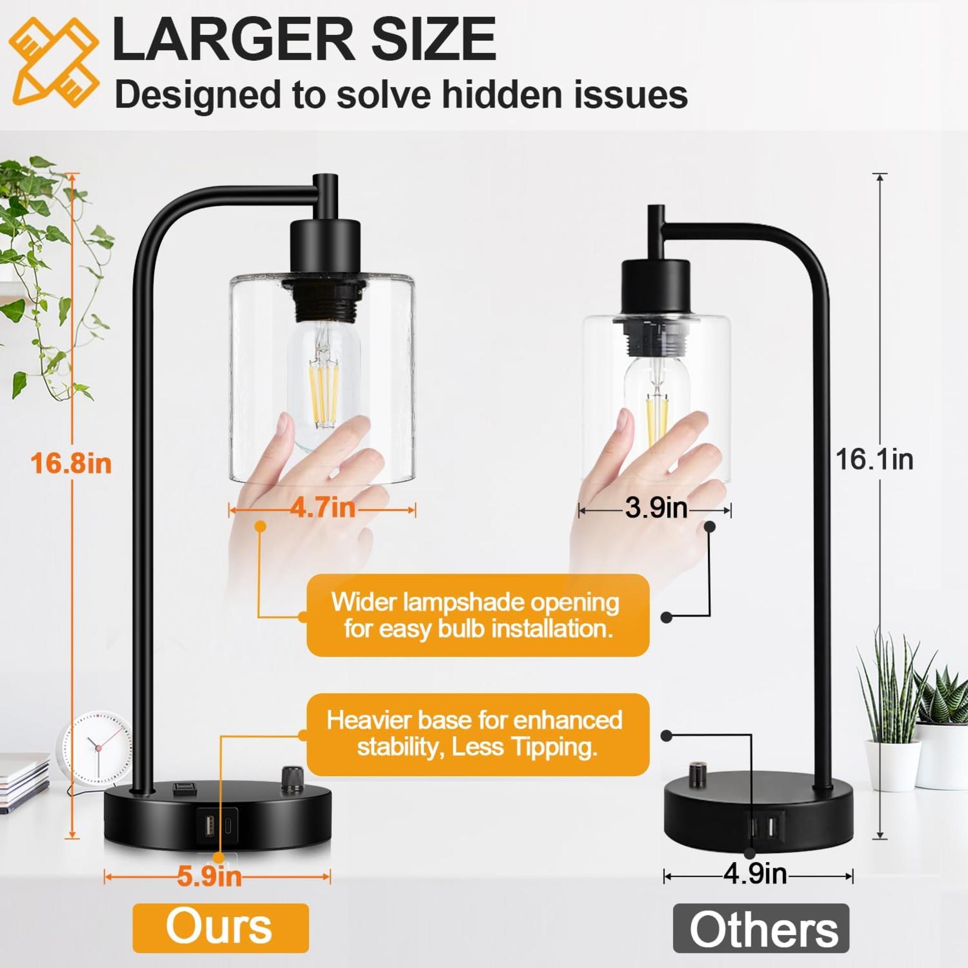 Set of 2 Industrial Table Lamps with USB C+A Ports, Stepless Dimmable Bedside Lamps with Glass Shade - 5