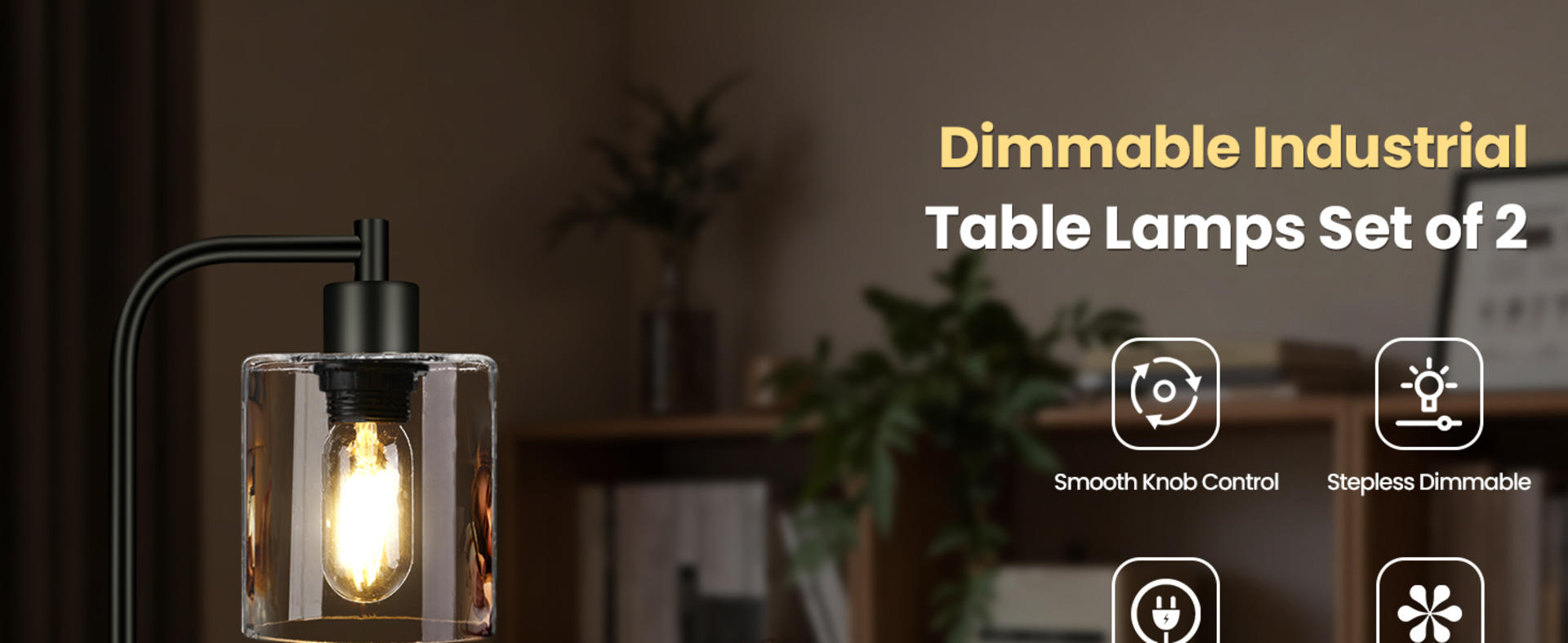 Set of 2 Industrial Table Lamps with USB C+A Ports, Stepless Dimmable Bedside Lamps with Glass Shade detail 1