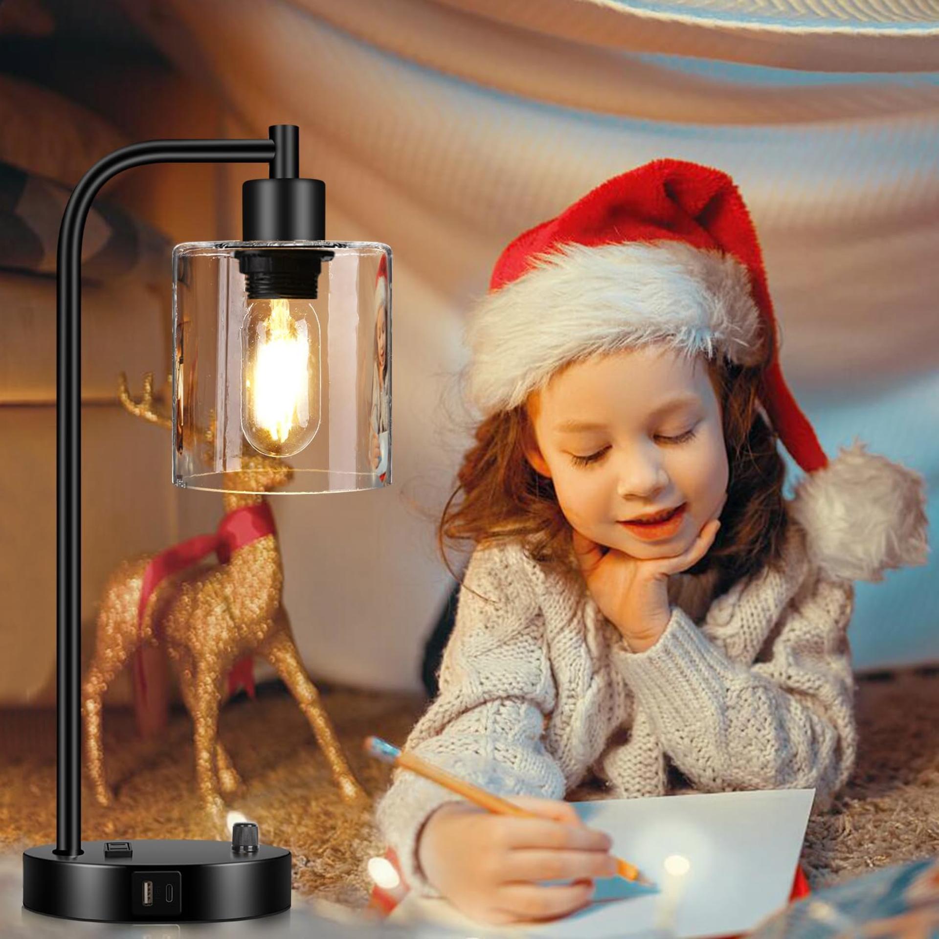 Set of 2 Industrial Table Lamps with USB C+A Ports, Stepless Dimmable Bedside Lamps with Glass Shade - 8