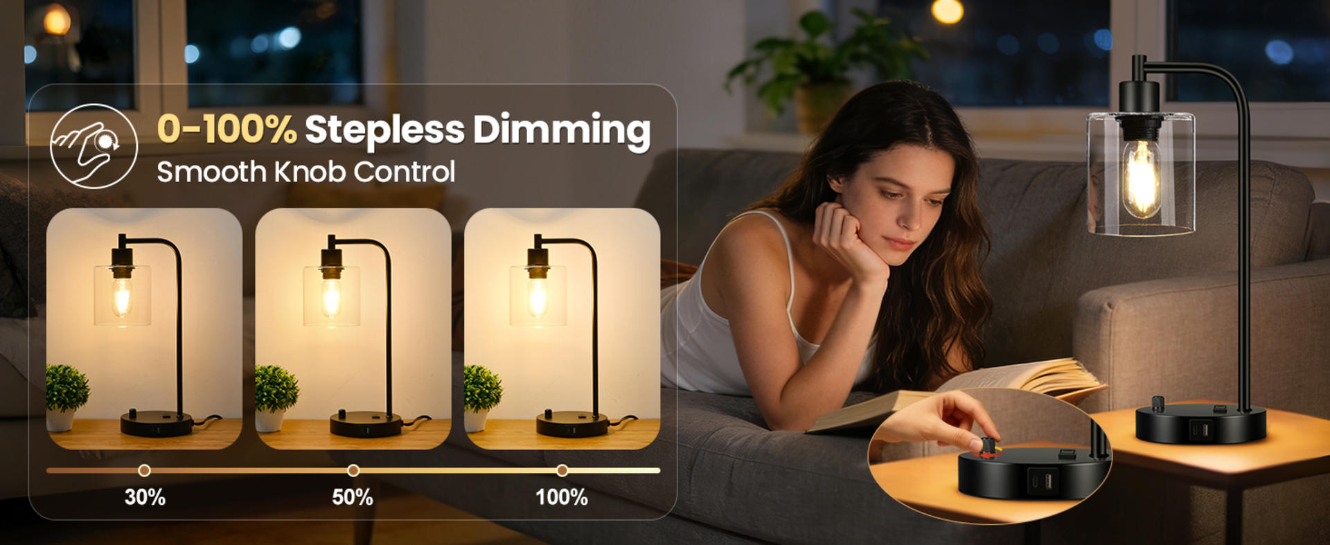 Set of 2 Industrial Table Lamps with USB C+A Ports, Stepless Dimmable Bedside Lamps with Glass Shade detail 3
