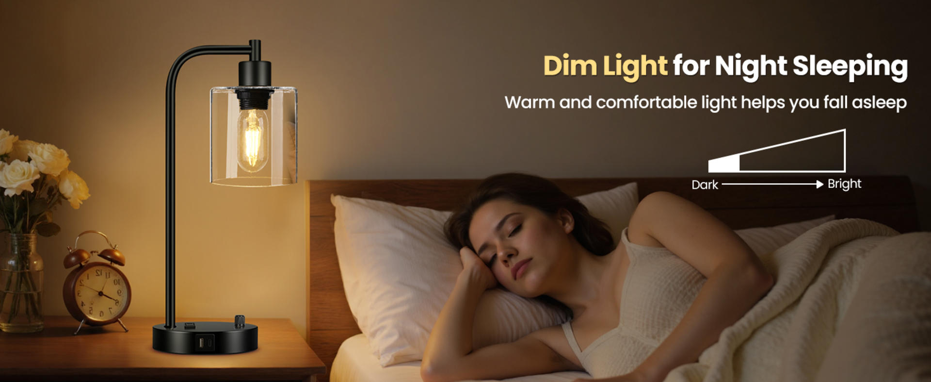 Set of 2 Industrial Table Lamps with USB C+A Ports, Stepless Dimmable Bedside Lamps with Glass Shade detail 4