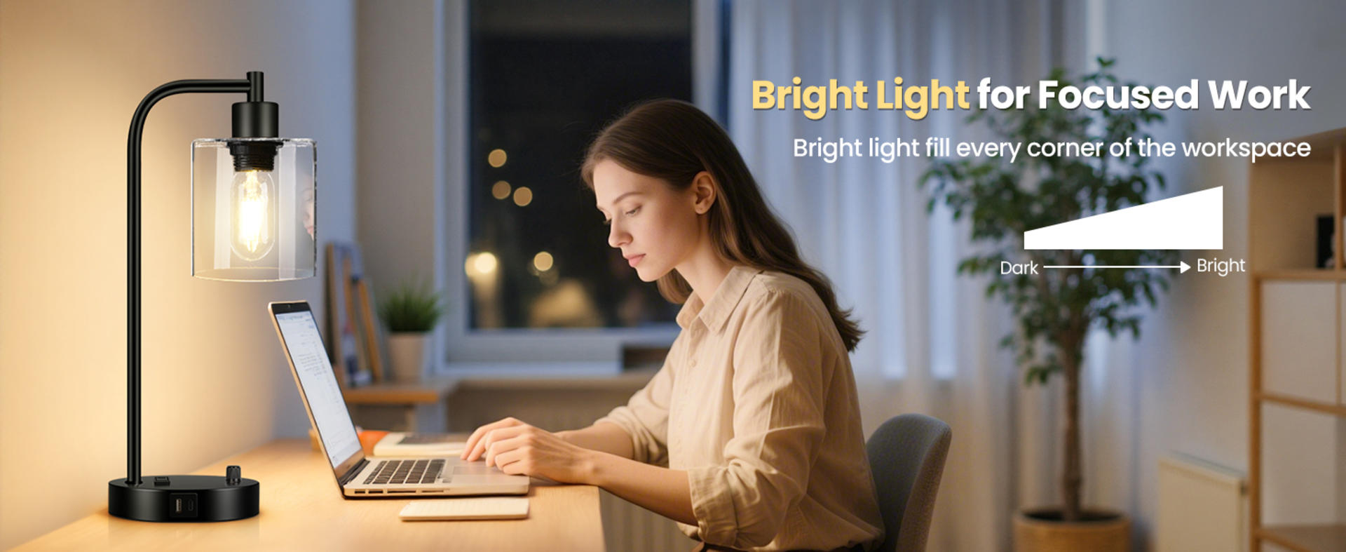 Set of 2 Industrial Table Lamps with USB C+A Ports, Stepless Dimmable Bedside Lamps with Glass Shade detail 6