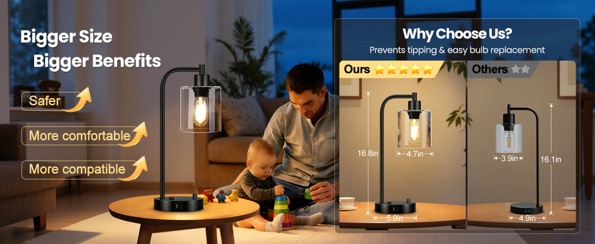 Set of 2 Industrial Table Lamps with USB C+A Ports, Stepless Dimmable Bedside Lamps with Glass Shade detail 8