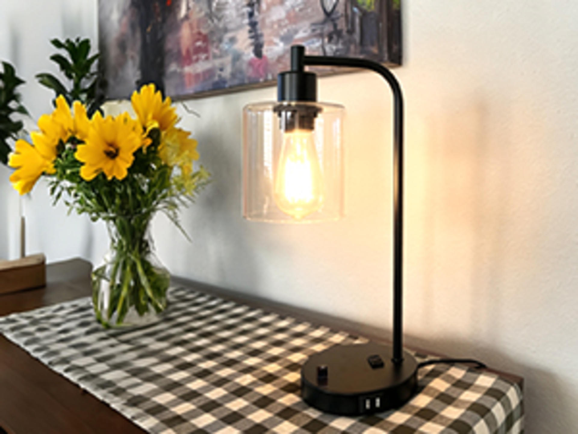 Set of 2 Industrial Table Lamps with USB C+A Ports, Stepless Dimmable Bedside Lamps with Glass Shade detail 15
