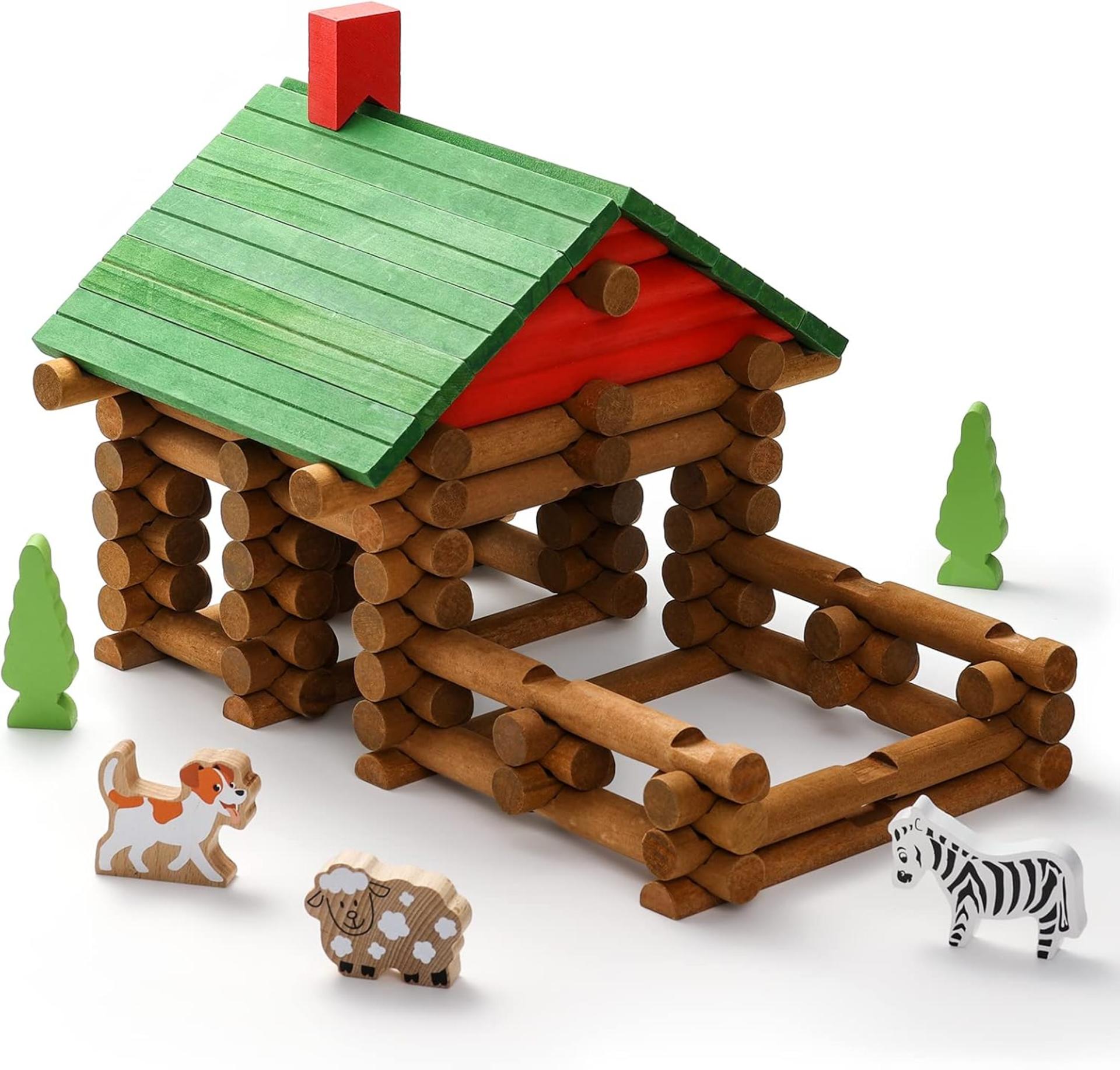 110 PCS Wooden Log Cabin Building Set, Classic STEM Construction Toy for Toddlers