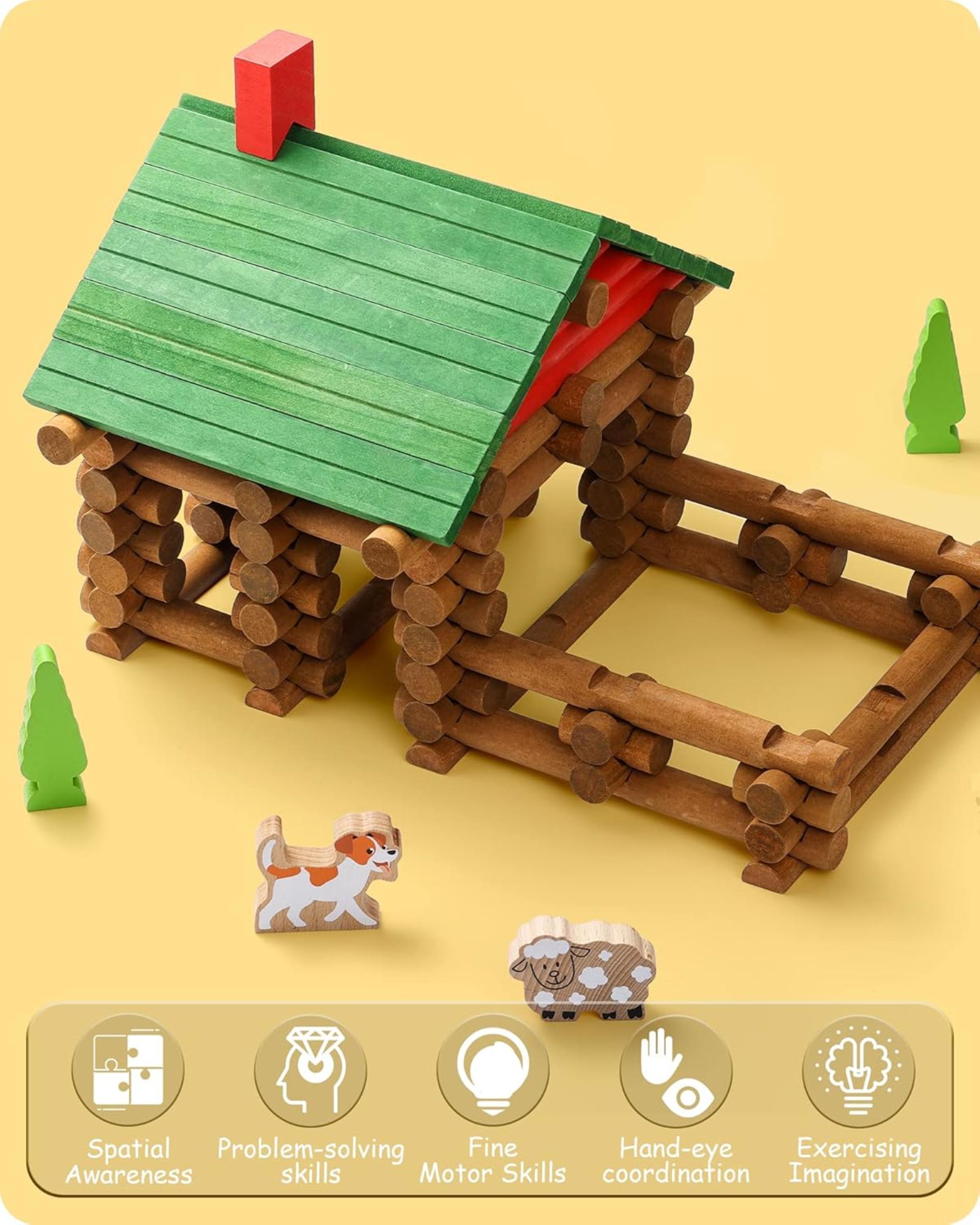 110 PCS Wooden Log Cabin Set Building House Toy for Toddlers, Classic STEM Construction Kit - 4