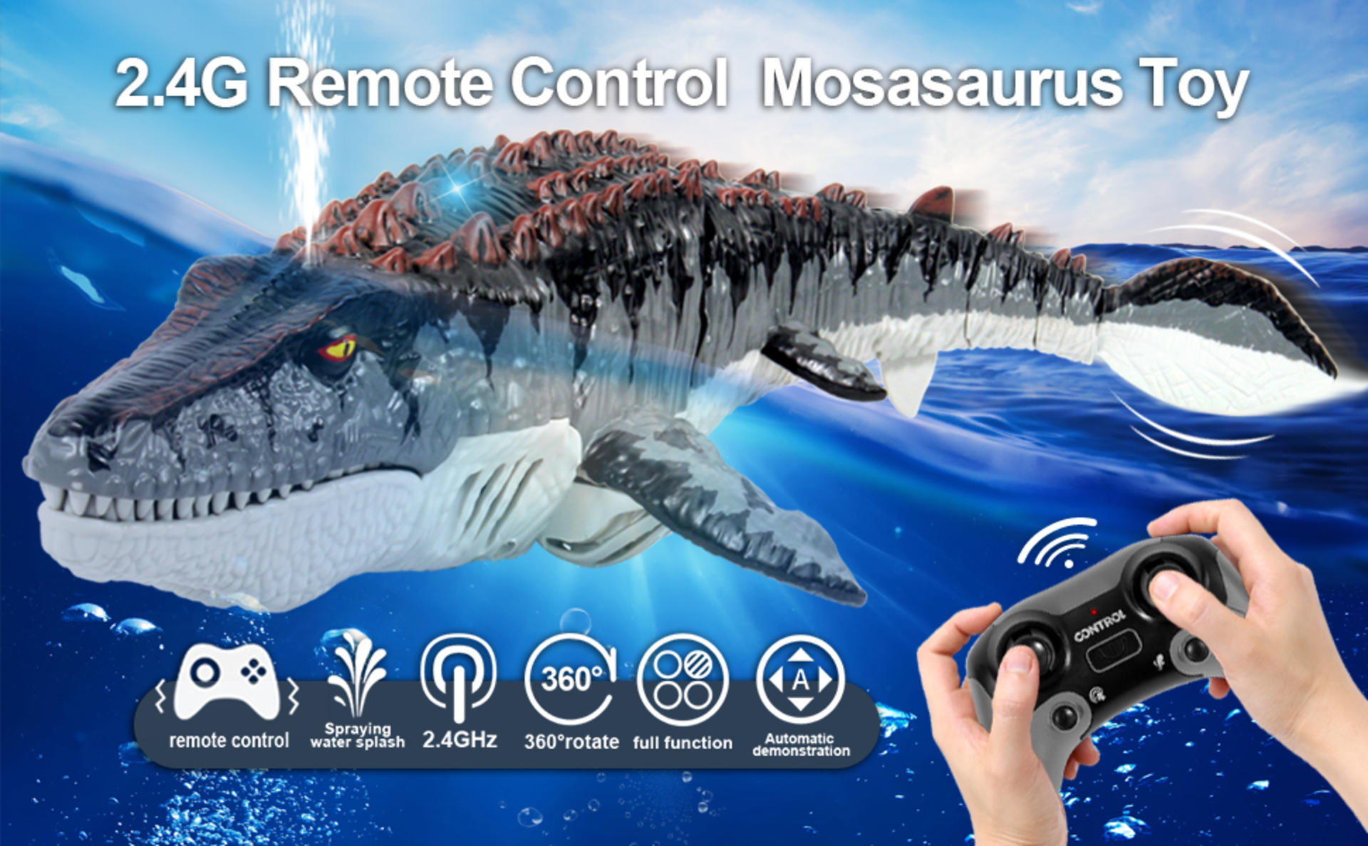 Remote Control Mosasaurus Water Toy with Spray and Lights for Pools and Lakes detail 1